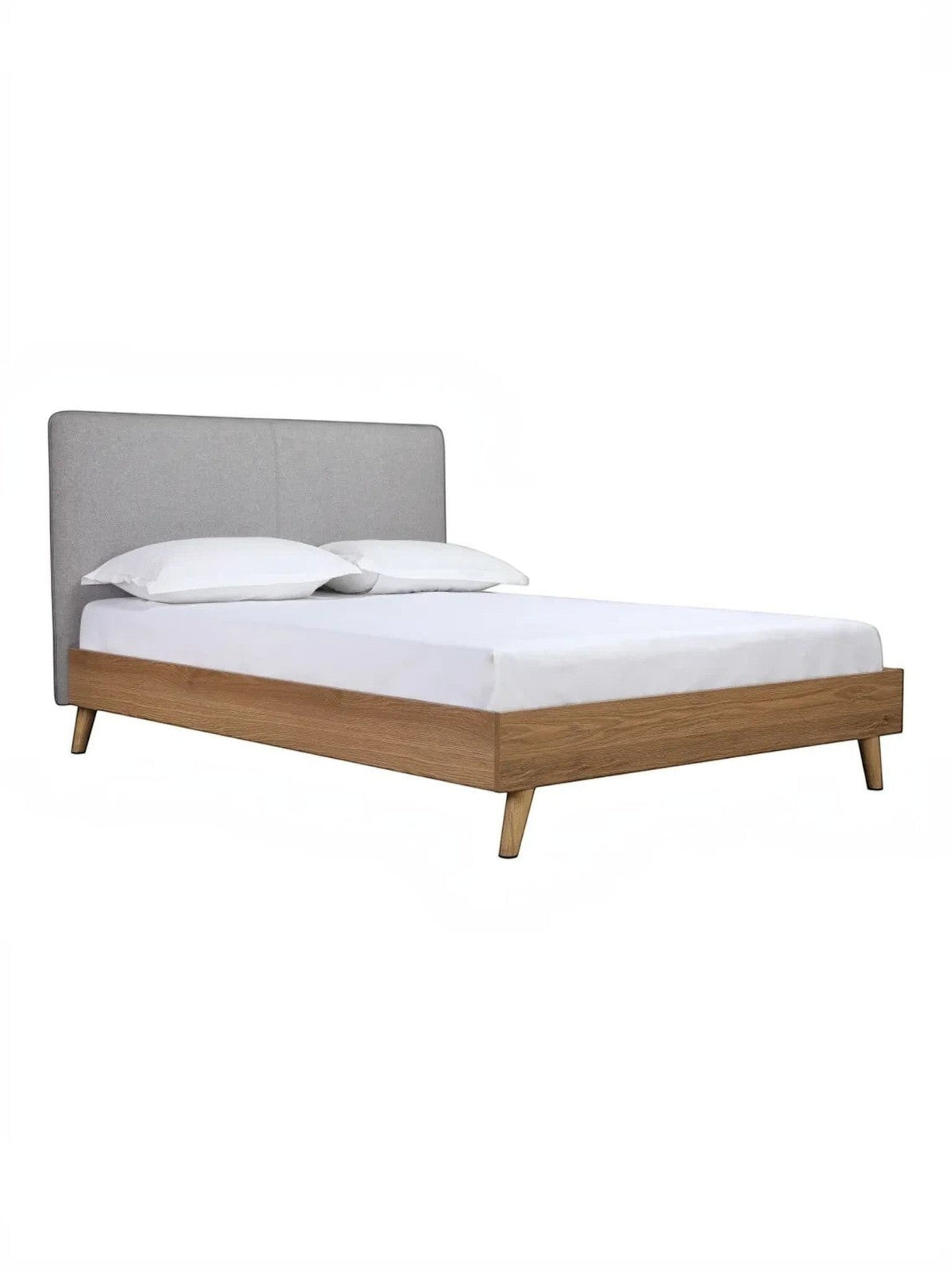 Lit double Nova TOCO Meubles avec tête de lit rembourrée grise et cadre en bois brun, style Mid-Century Modern.