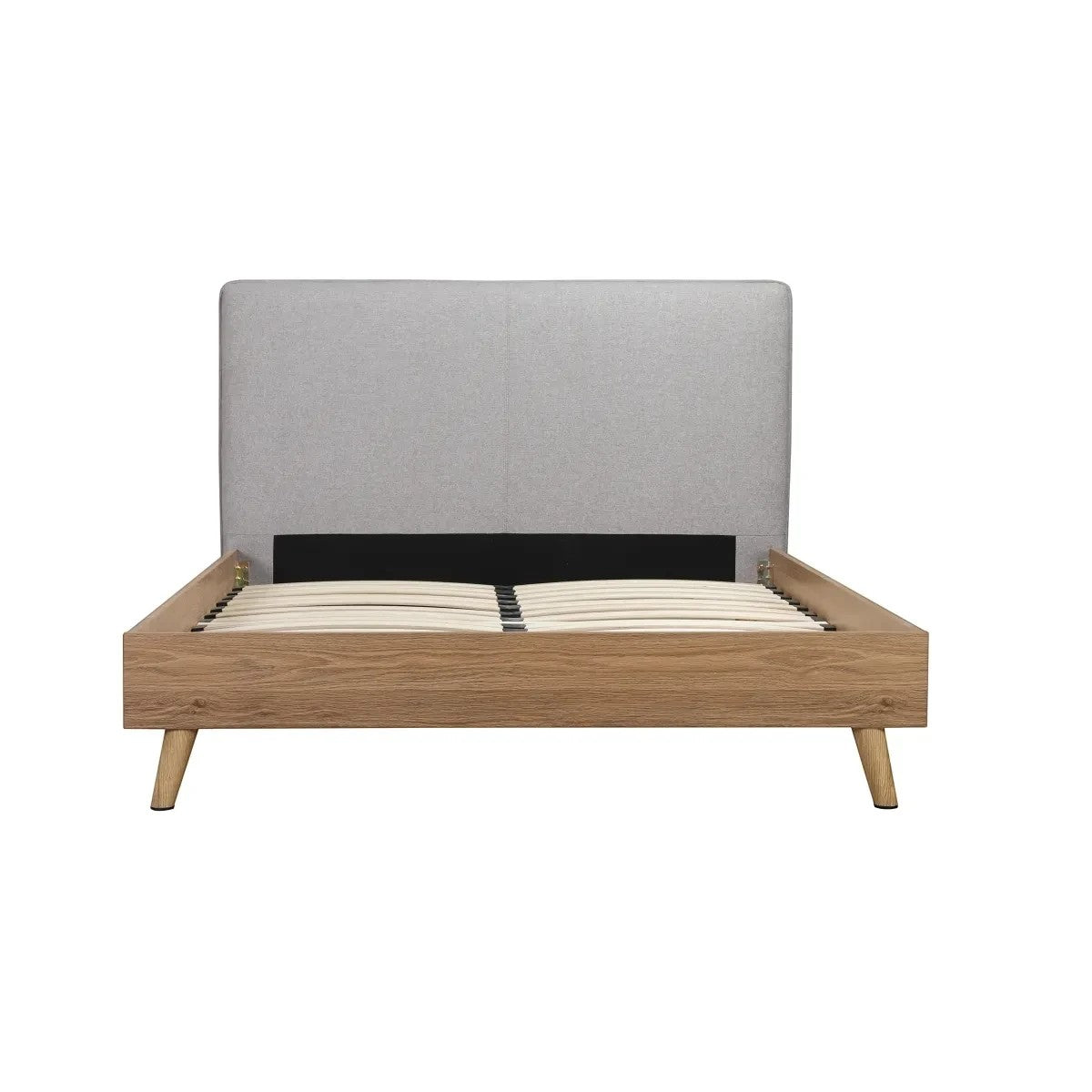 Lit double Nova TOCO Meubles en bois brun avec tête de lit rembourrée en tissu gris, style Mid-Century Modern.