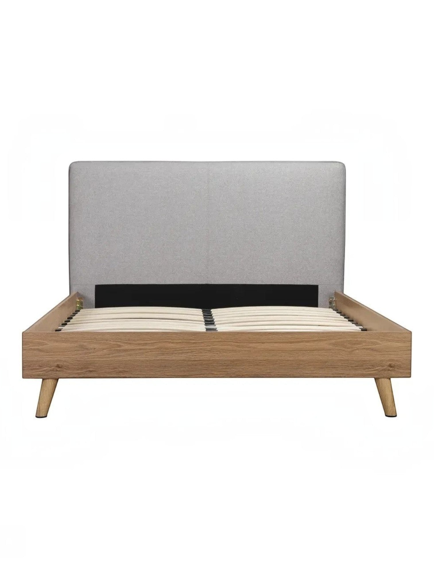 Lit double Nova TOCO Meubles en bois brun avec tête de lit rembourrée en tissu gris, style Mid-Century Modern.