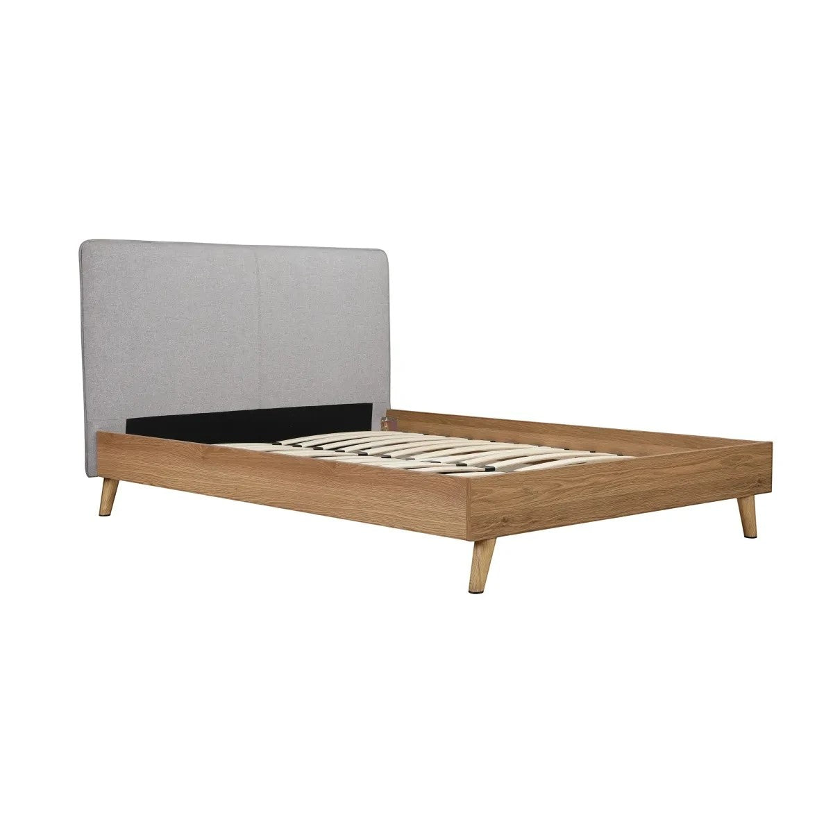 Lit double Nova TOCO Meubles en bois brun avec tête de lit rembourrée grise, style Mid-Century Modern