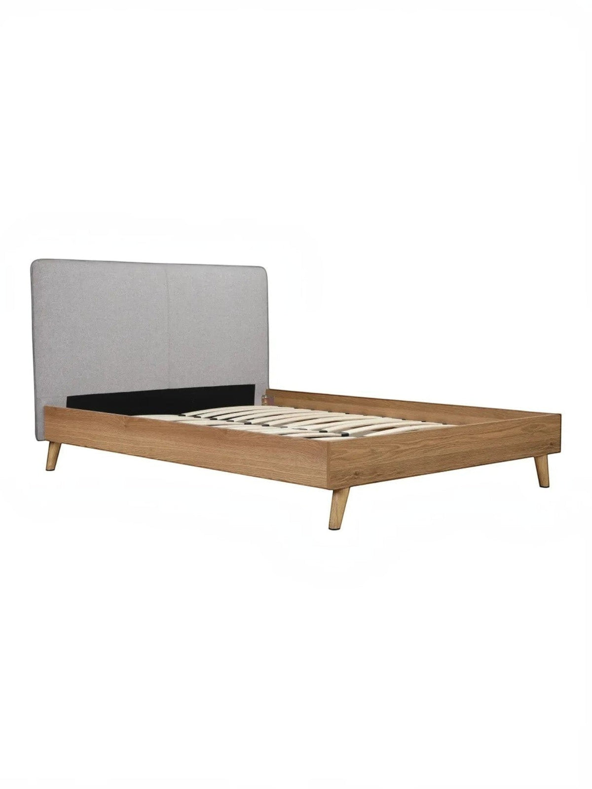 Lit double Nova TOCO Meubles en bois brun avec tête de lit rembourrée grise, style Mid-Century Modern
