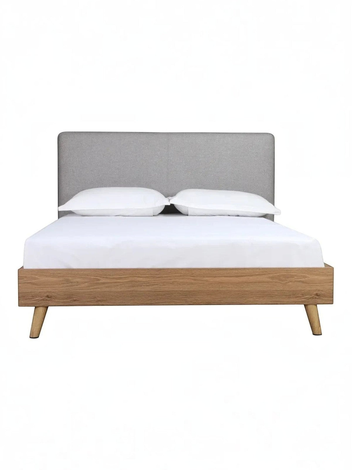 Lit double Nova TOCO Meubles en bois brun et tissu gris, design plateforme moderne avec tête de lit rembourrée.