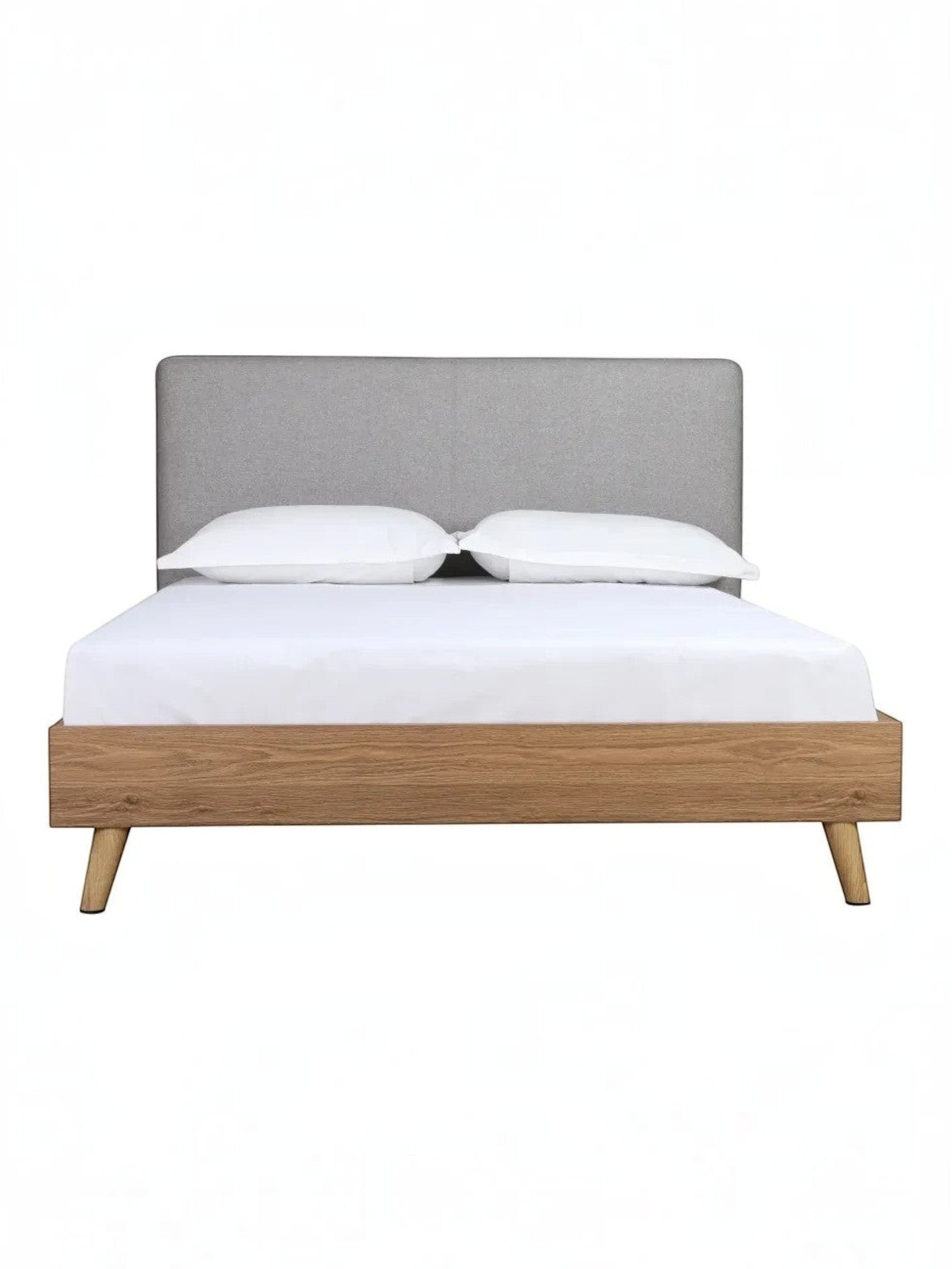 Lit double Nova TOCO Meubles en bois brun et tissu gris, design plateforme moderne avec tête de lit rembourrée.