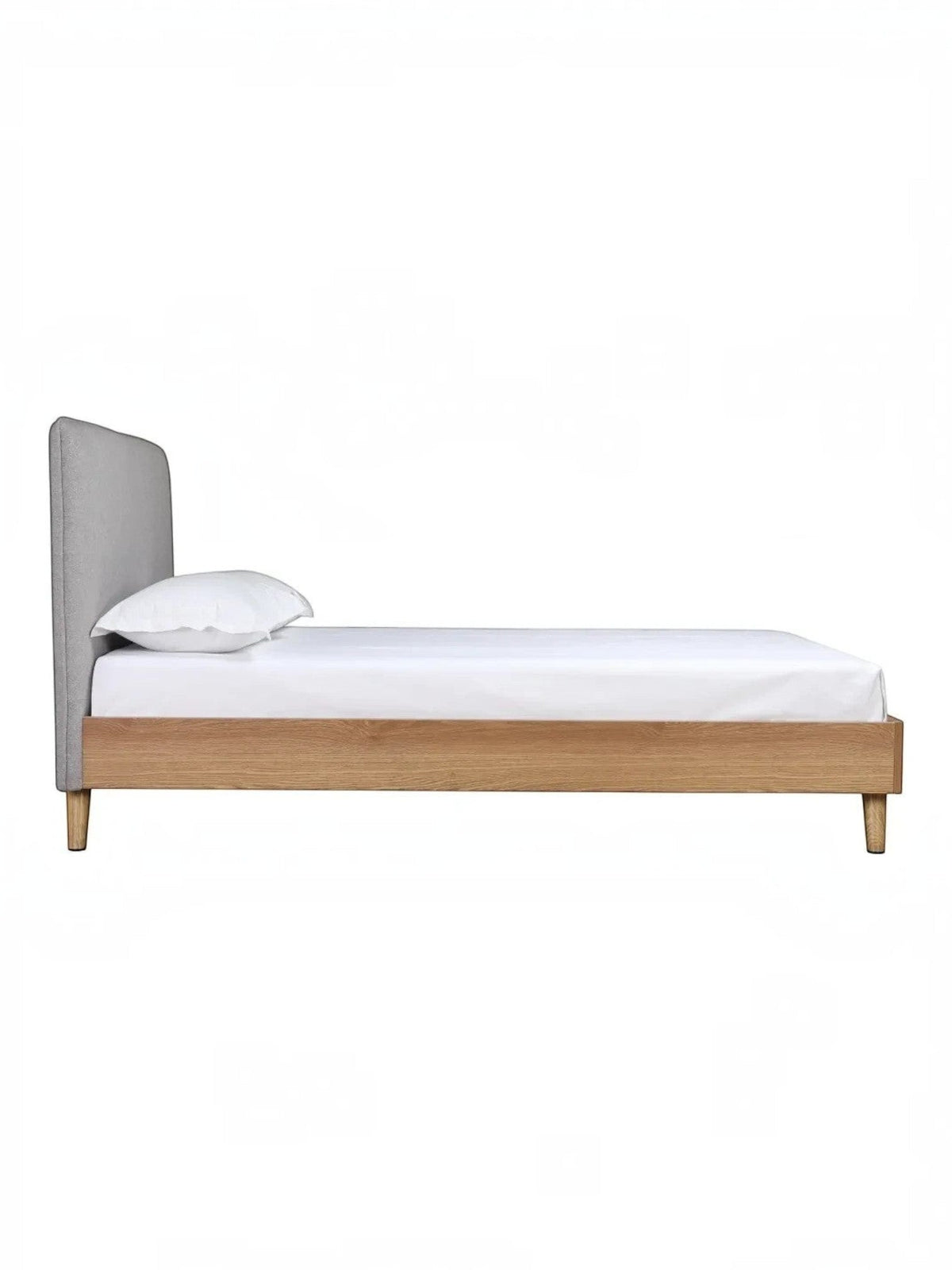 Lit double Nova TOCO Meubles avec tête de lit rembourrée grise et cadre en bois brun, style Mid-Century Modern.