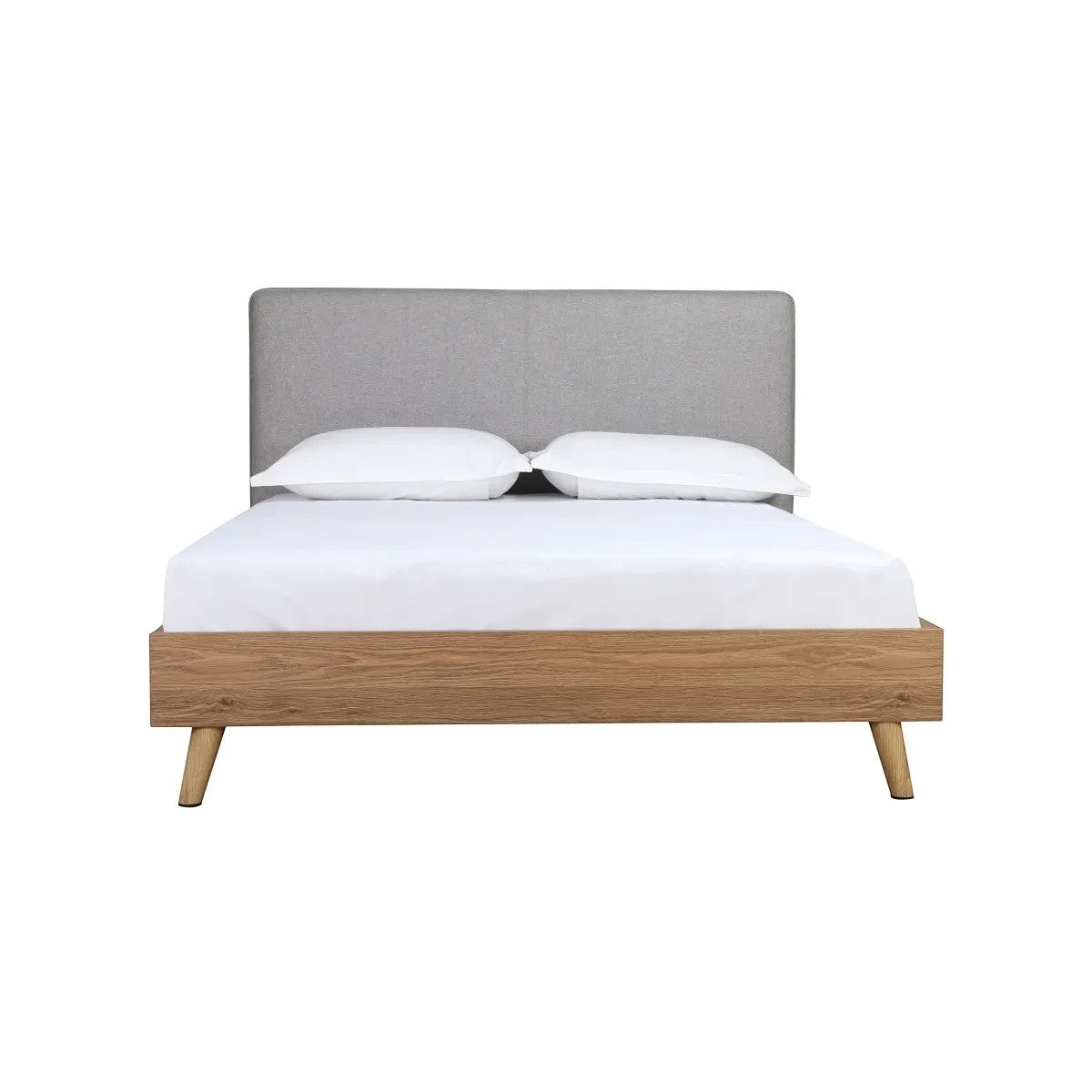 Lit double Nova TOCO Meubles avec tête de lit rembourrée grise et cadre en bois brun, style Mid-Century Modern.