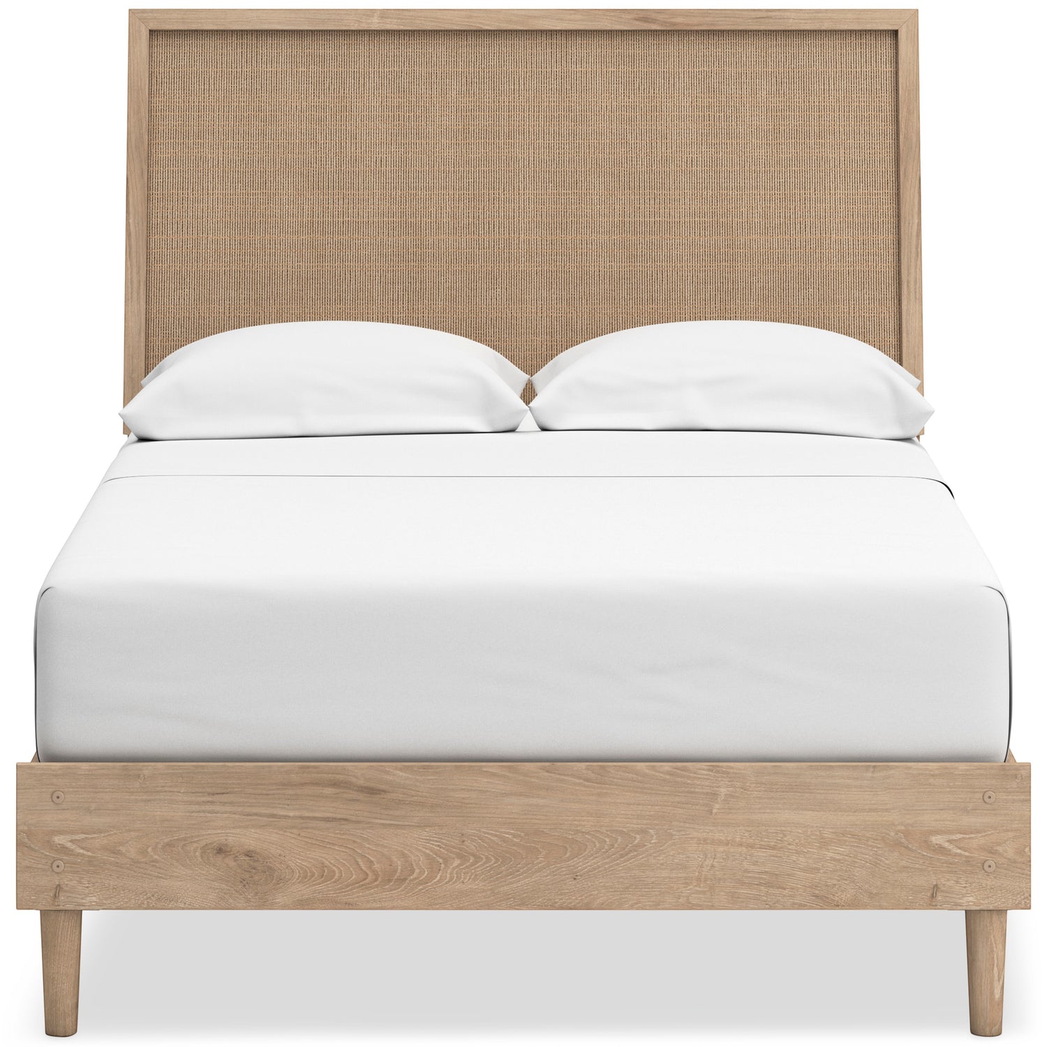 Lit double Olive TOCO Meubles en bois clair avec tête de lit en cannage beige et pieds fuselés. Style moderne.