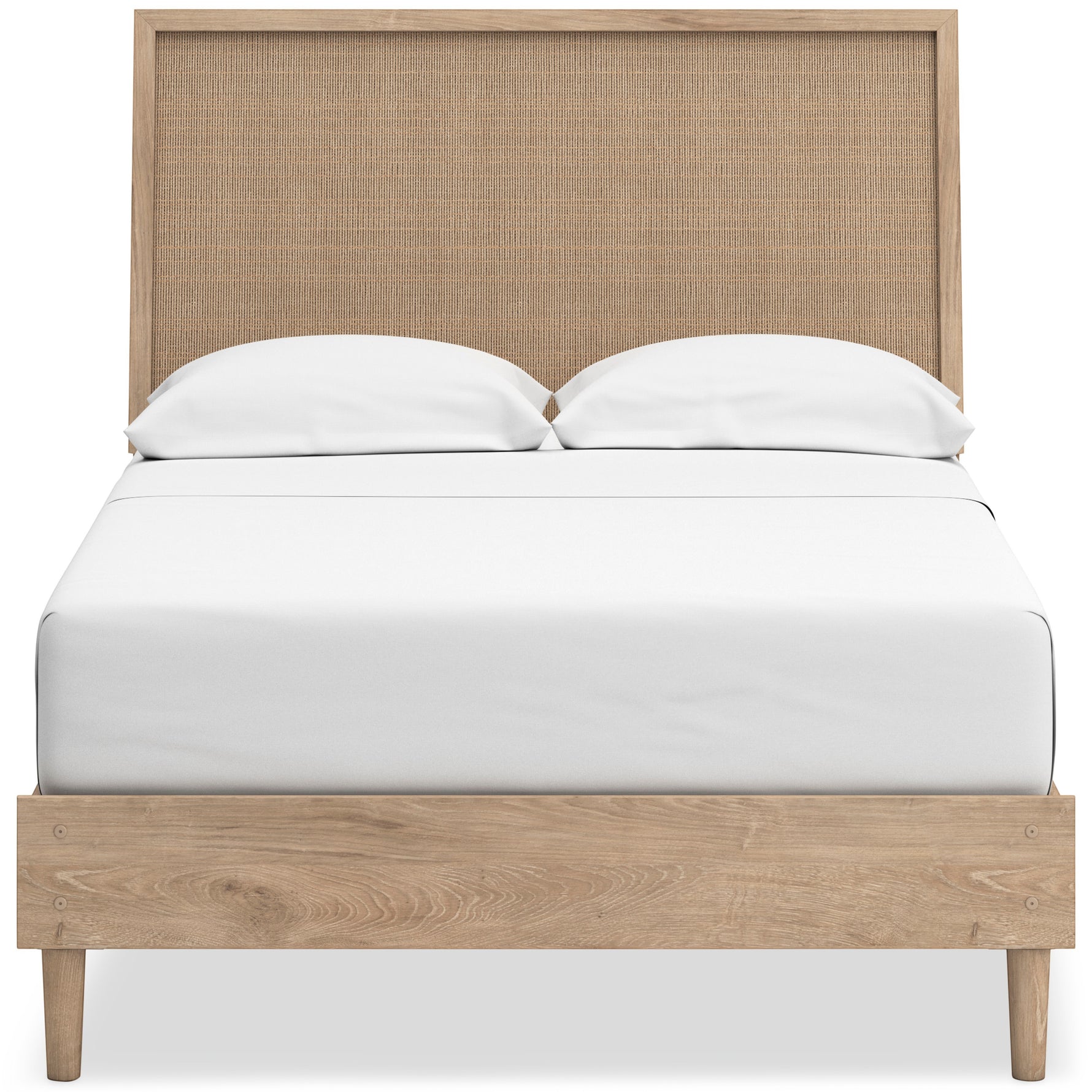 Lit double Olive TOCO Meubles en bois clair avec tête de lit en cannage beige et pieds fuselés. Style moderne.