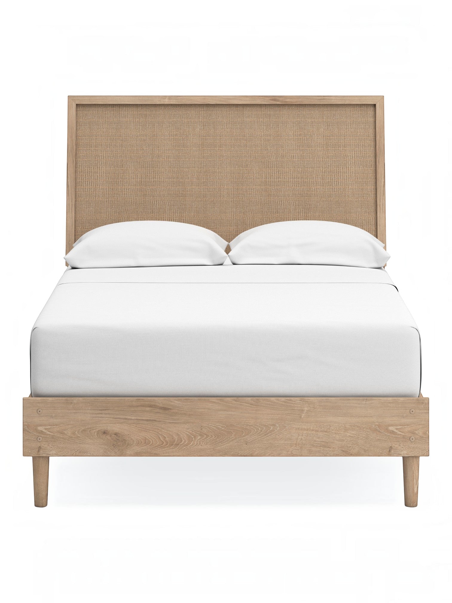 Lit double Olive TOCO Meubles en bois clair avec tête de lit en cannage beige et pieds fuselés. Style moderne.
