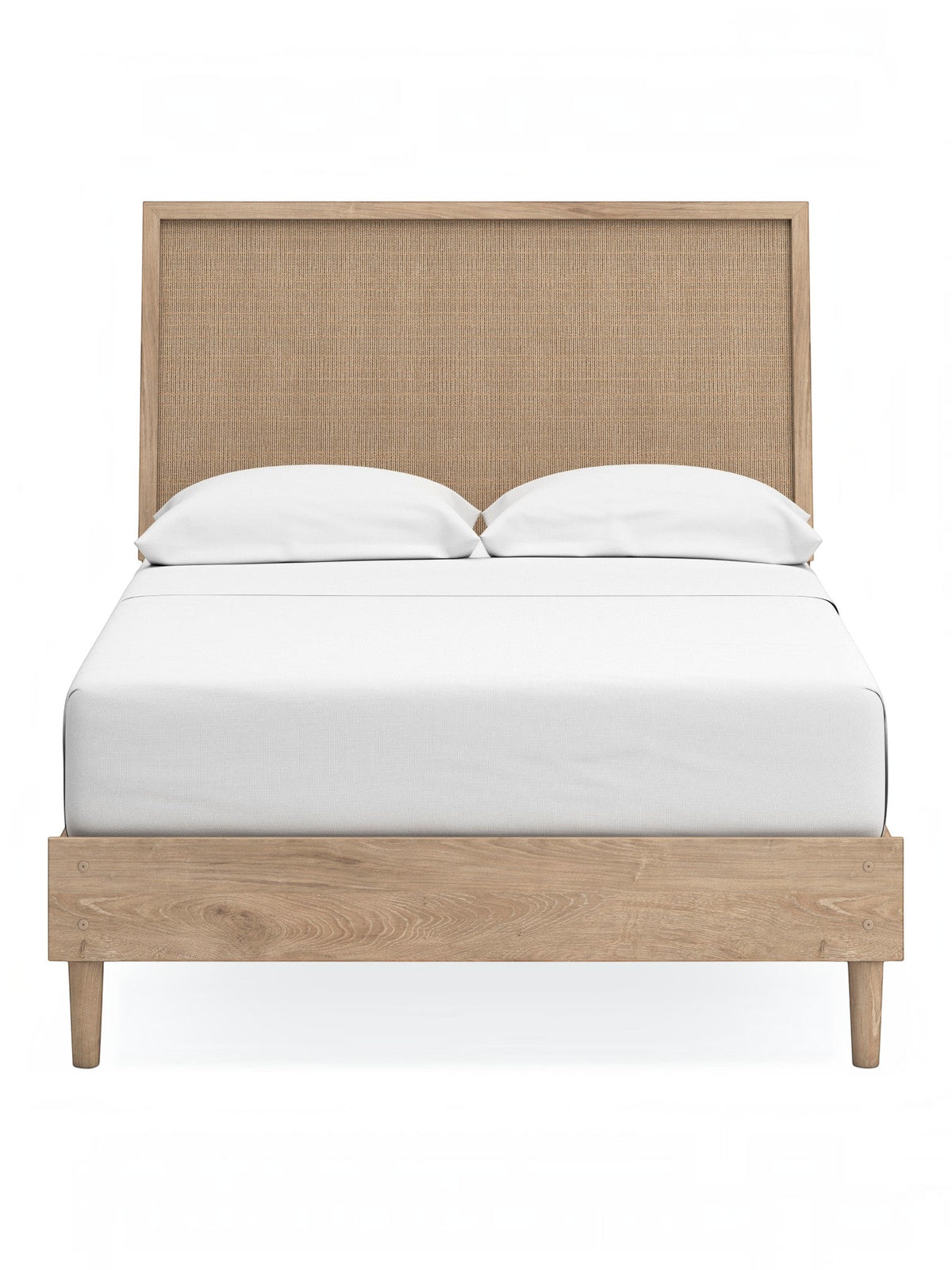 Lit double Olive TOCO Meubles en bois clair avec tête de lit en cannage beige et pieds fuselés. Style moderne.