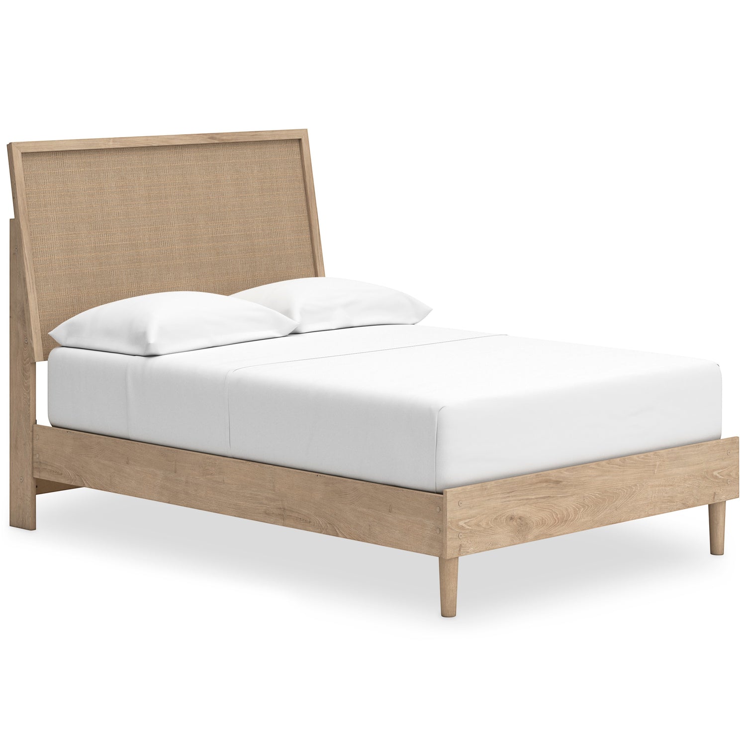Lit double Olive TOCO Meubles en bois clair avec tête de lit en cannage beige, style contemporain.