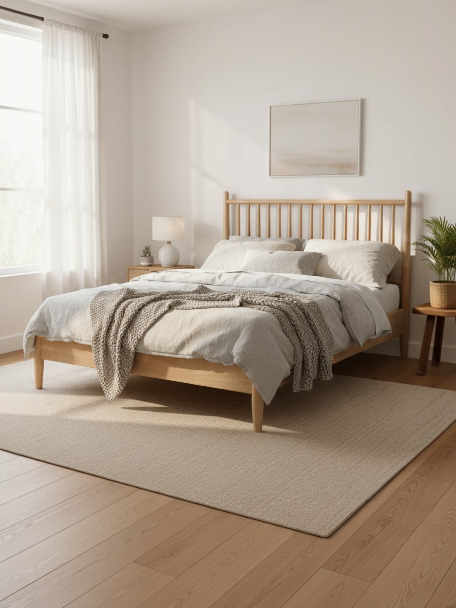 Lit double Paolo TOCO Meubles en bois naturel avec tête de lit à lattes verticales dans une chambre moderne