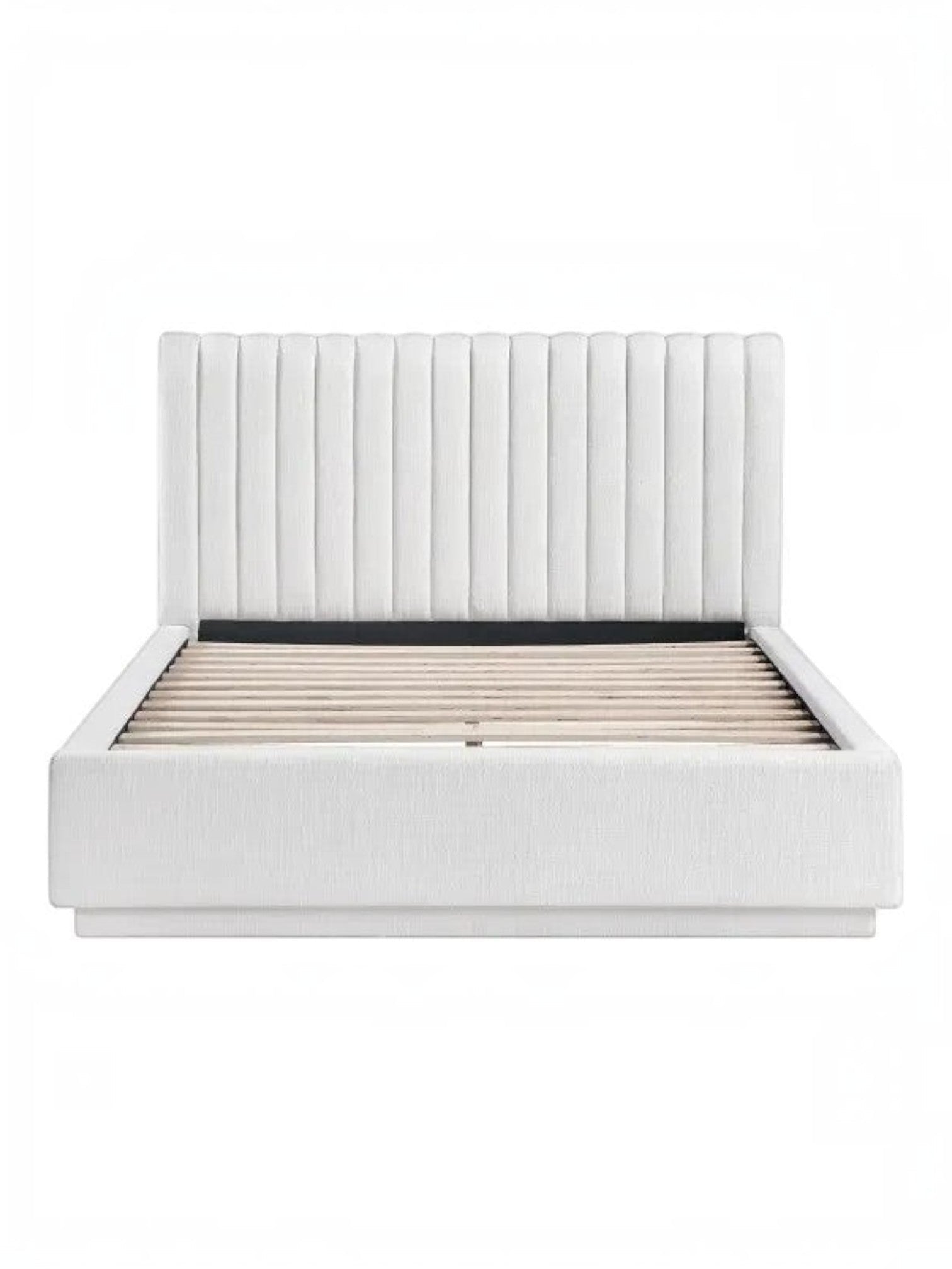 Lit double plateforme TOCO Meubles Emilio blanc avec tête de lit capitonnée verticalement et sommier à lattes intégré