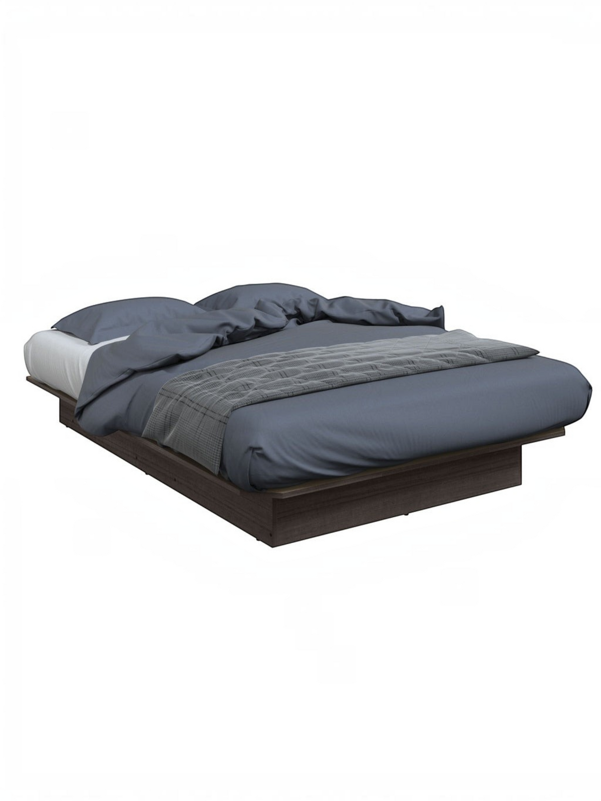 Lit double Écono TOCO Meubles avec base plateforme en bois foncé et literie bleue moderne