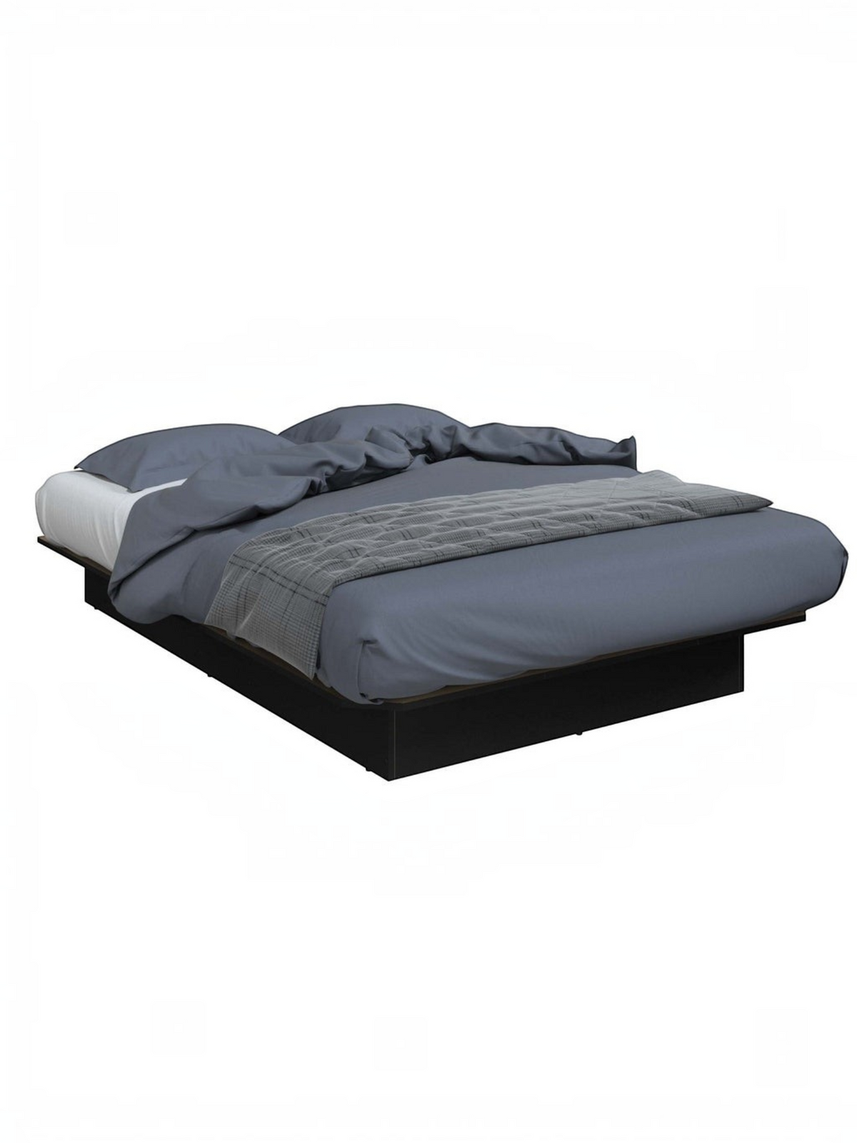 Lit double Écono TOCO Meubles avec plateforme noire et literie grise moderne sur fond blanc