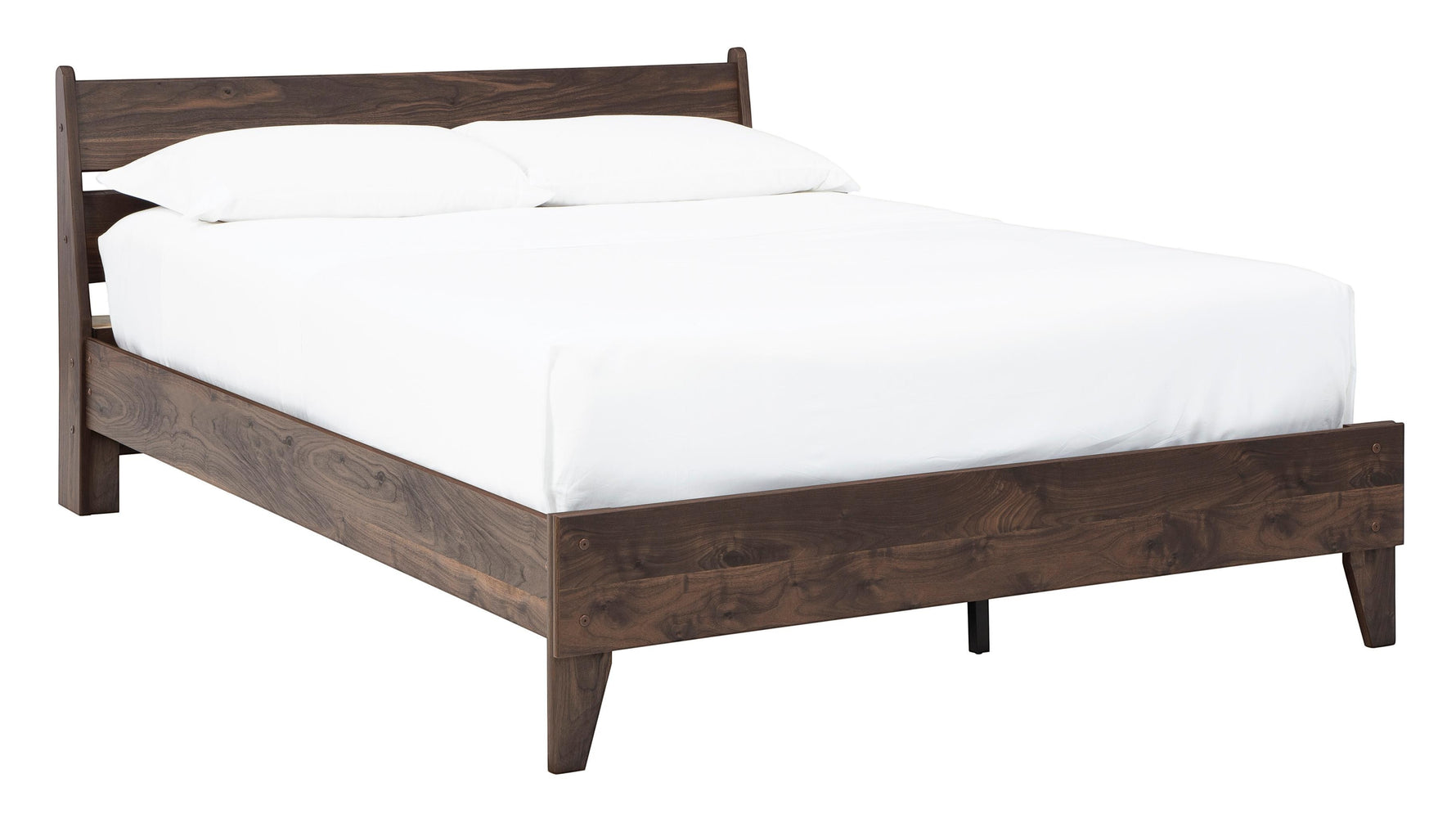 Lit double Ramona en bois brun foncé de TOCO Meubles, finition grain de noyer, design épuré et moderne.