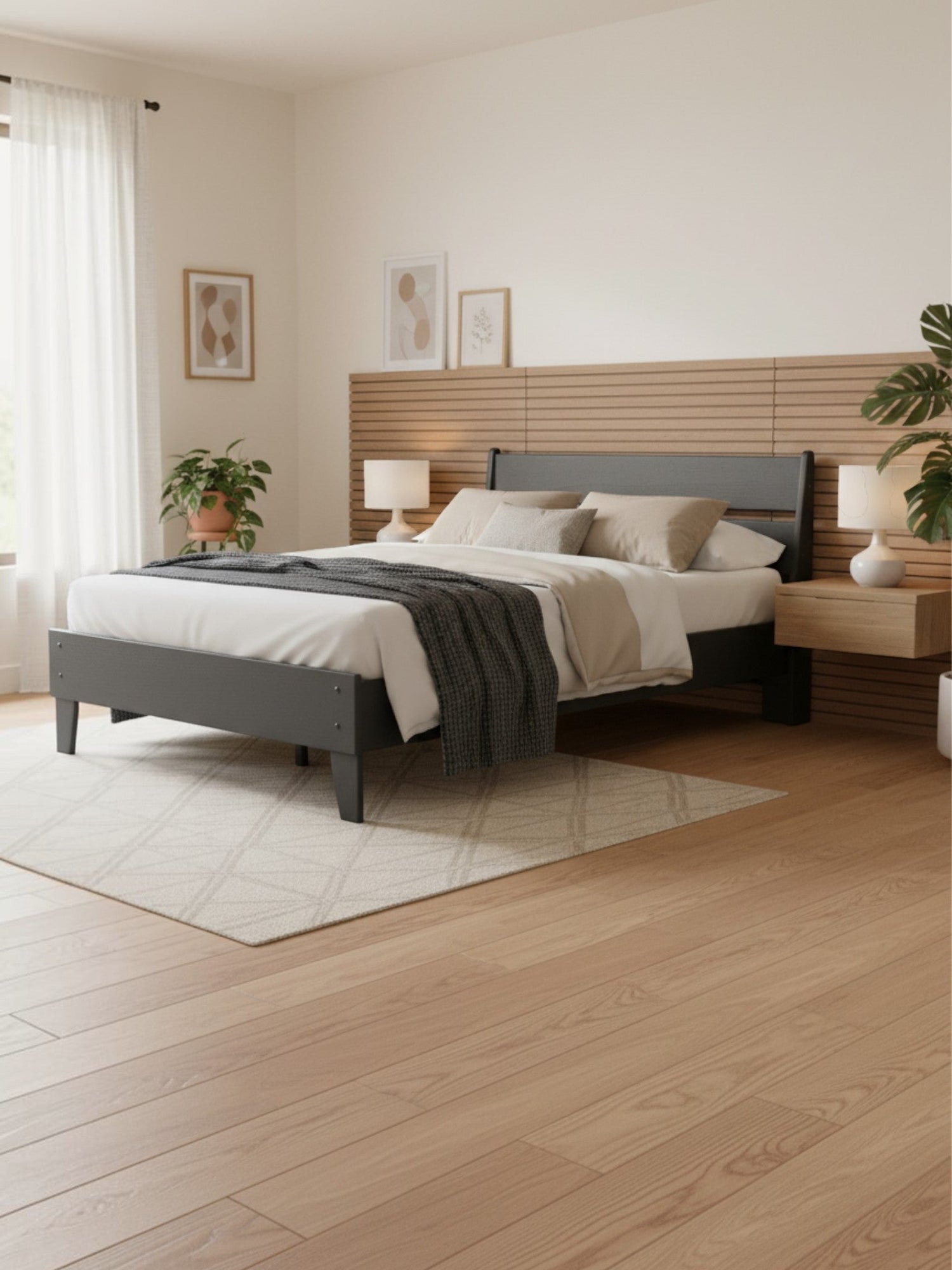 Lit double contemporain Solene par TOCO Meubles avec cadre gris foncé et tête de lit en bois dans une chambre moderne