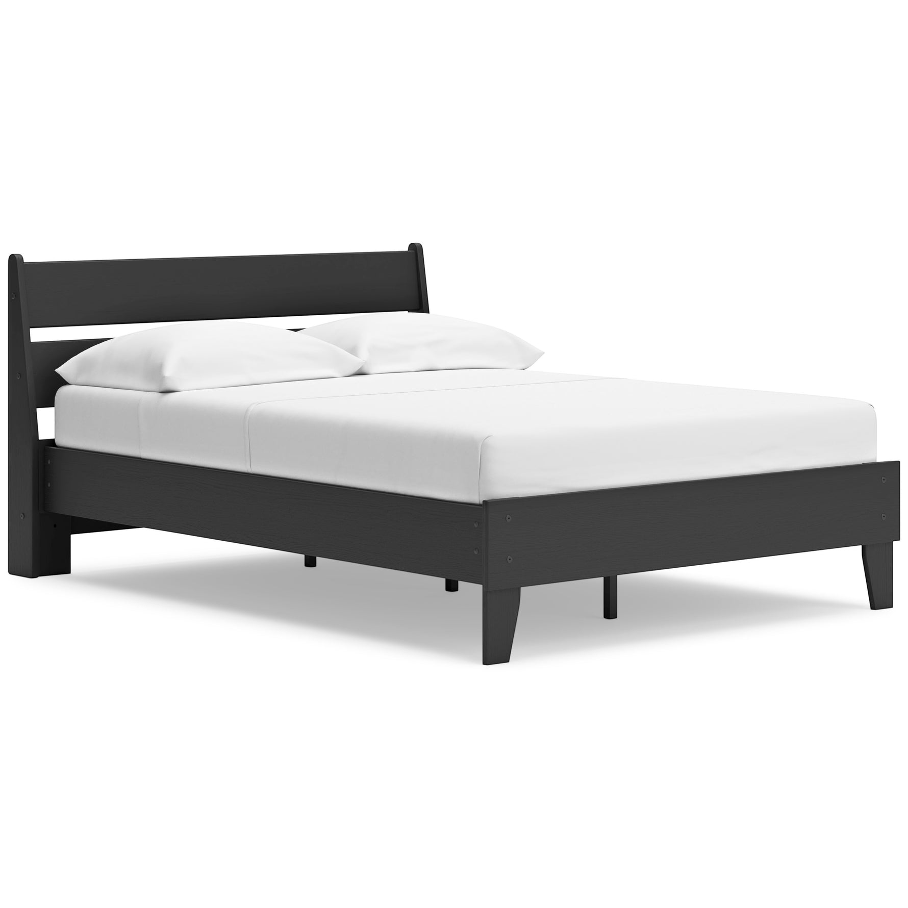Lit double Solene TOCO Meubles en bois noir avec tête de lit incurvée et pieds fuselés, sur fond blanc.