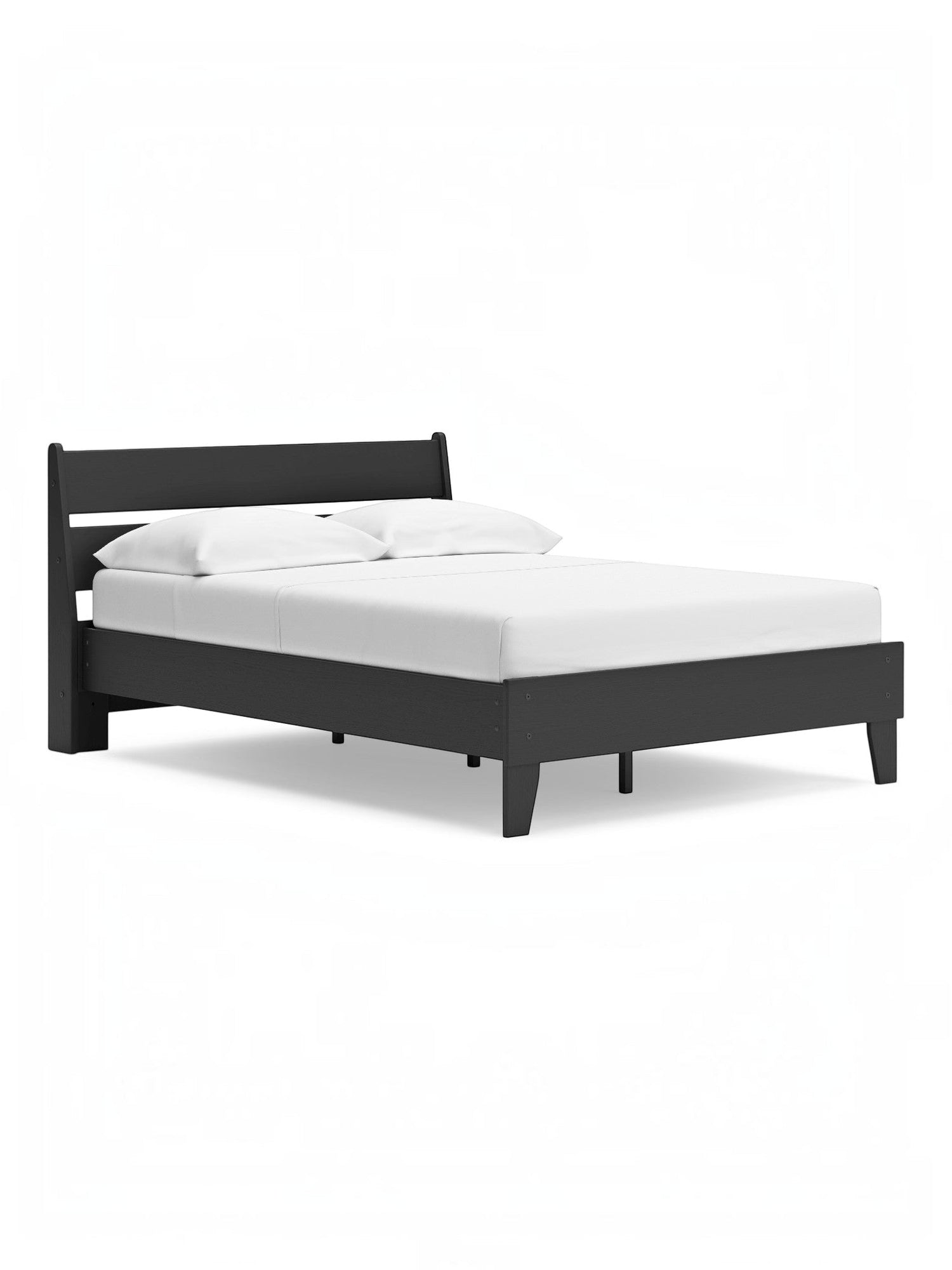 Lit double Solene TOCO Meubles en bois noir avec tête de lit incurvée et pieds fuselés, sur fond blanc.
