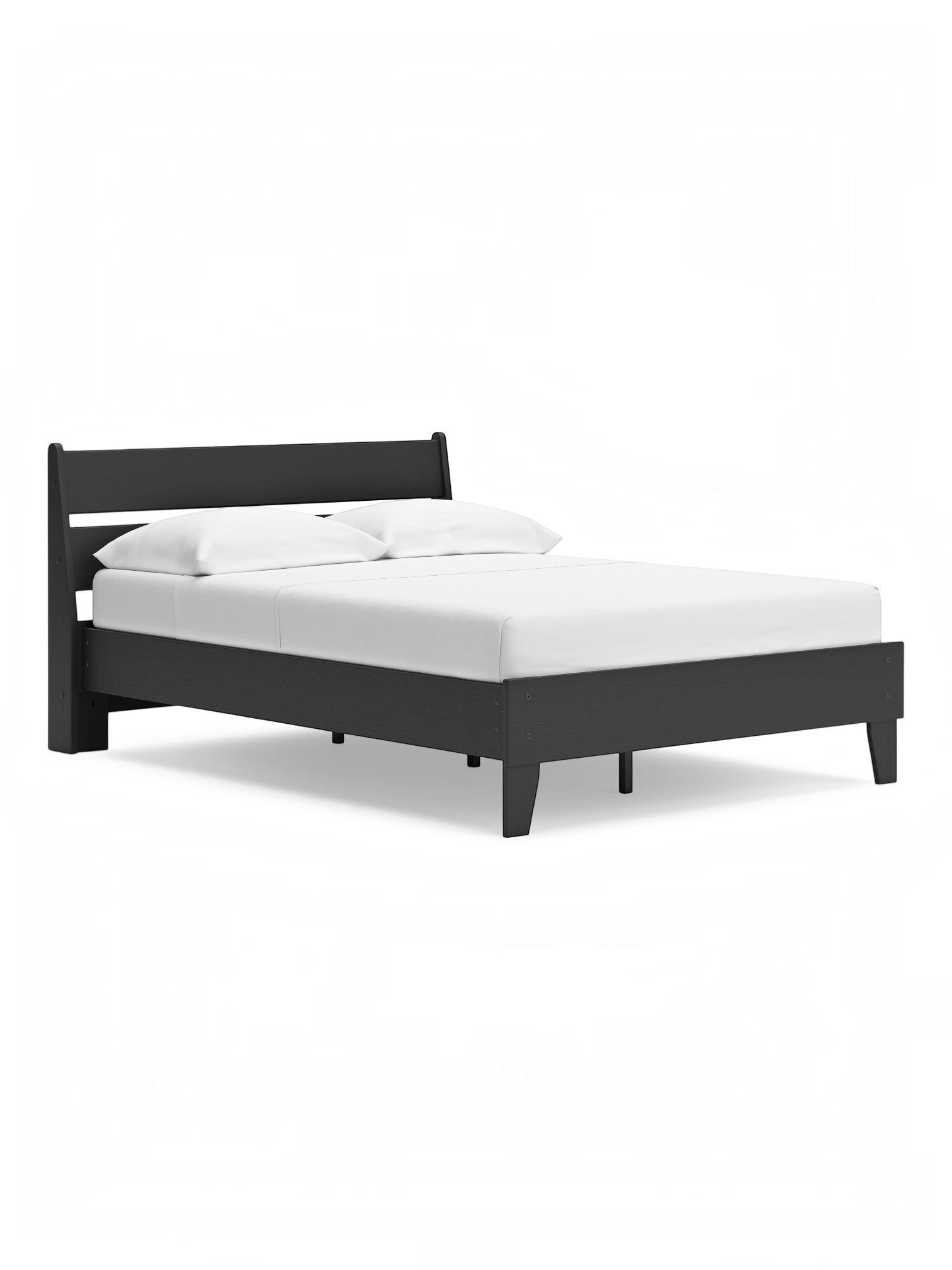 Lit double Solene TOCO Meubles en bois noir avec tête de lit incurvée et pieds fuselés, sur fond blanc.