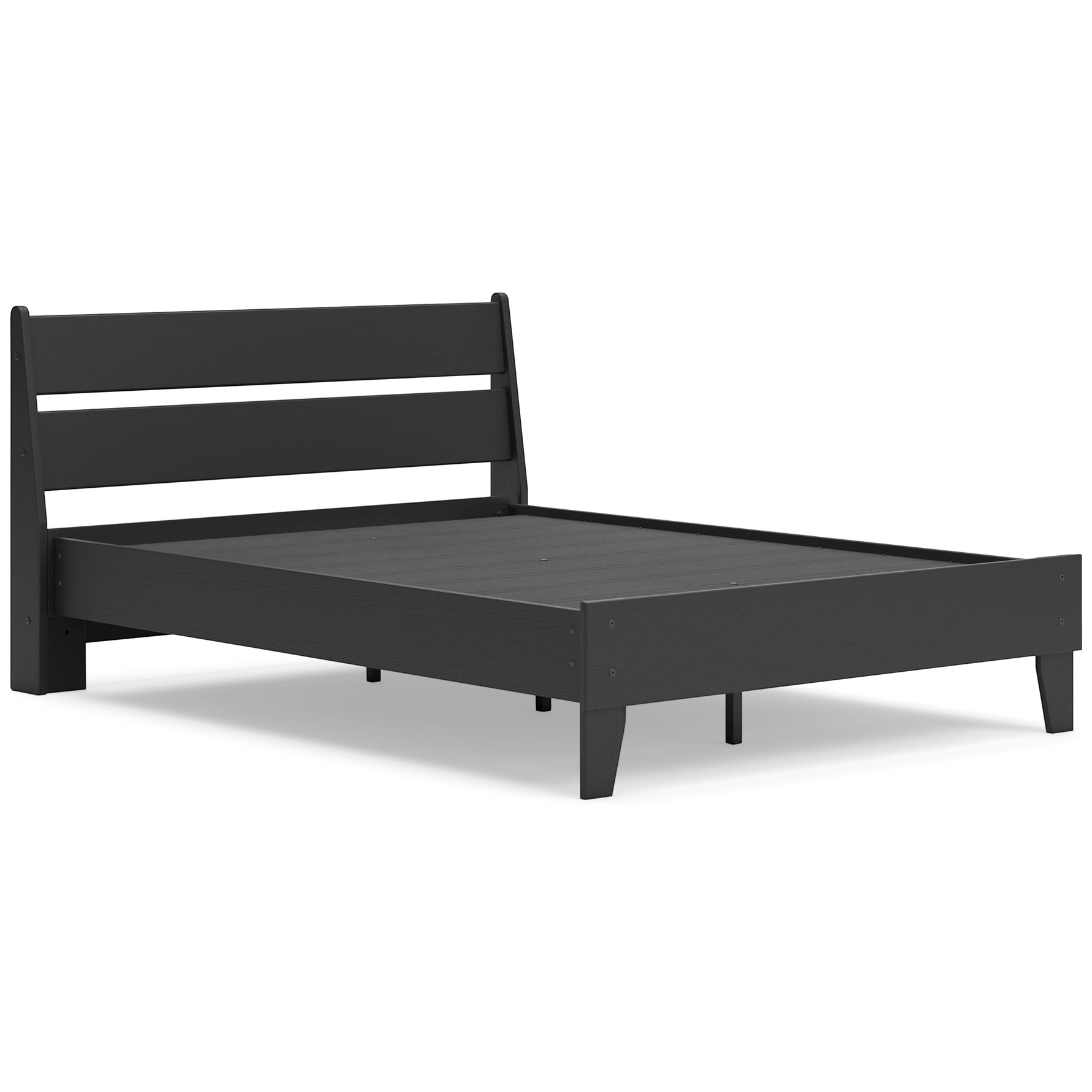 Lit double Solene noir en bois de TOCO Meubles, design contemporain avec tête de lit à lattes et pieds fuselés.