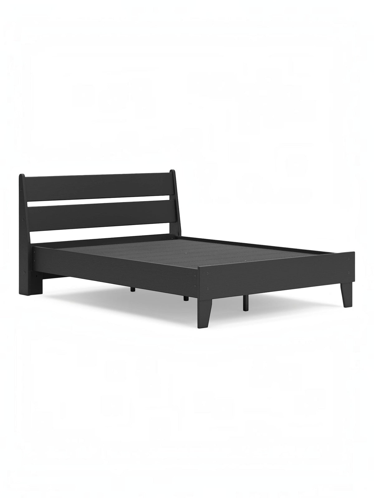 Lit double Solene noir en bois de TOCO Meubles, design contemporain avec tête de lit à lattes et pieds fuselés.