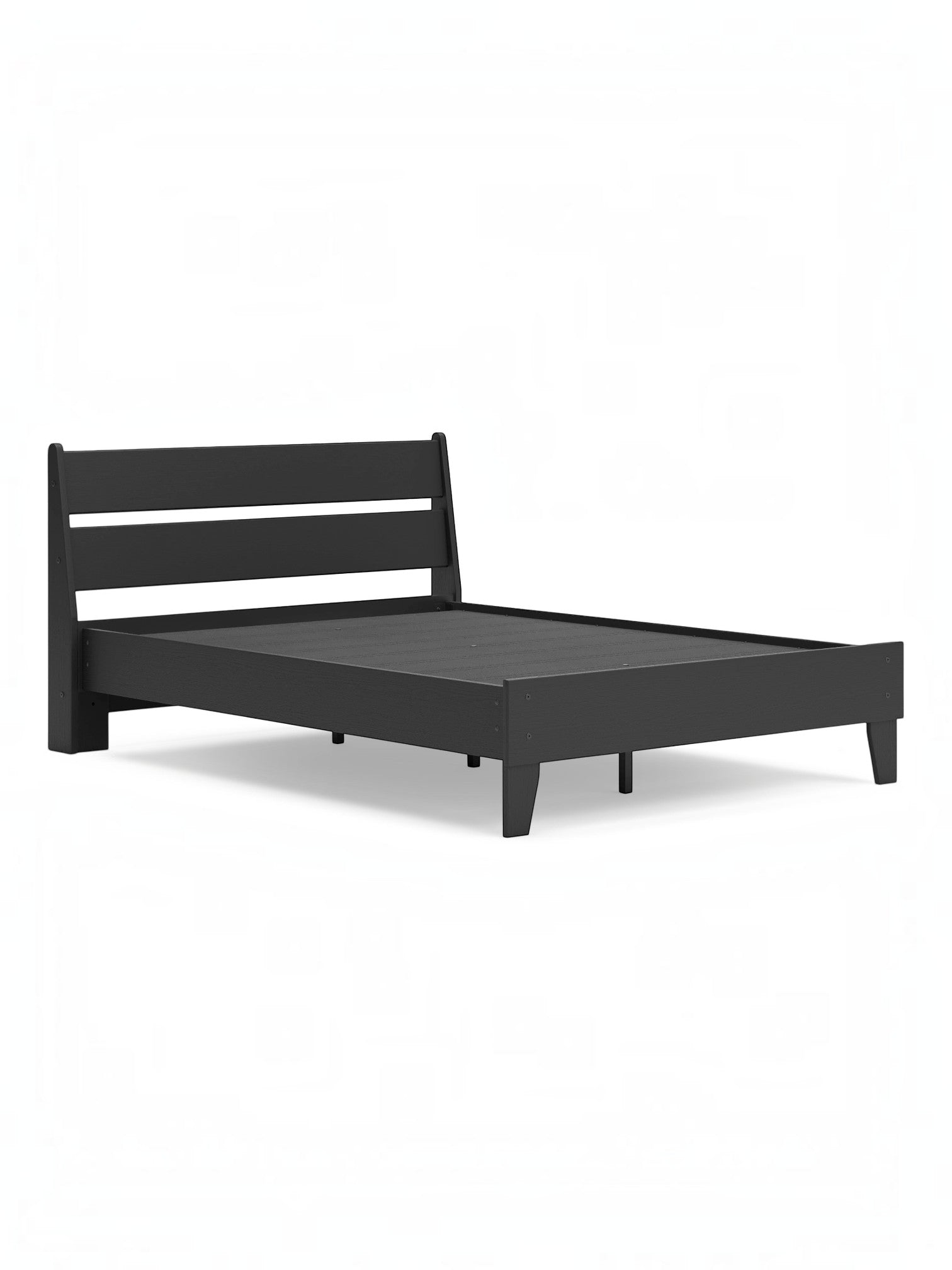 Lit double Solene noir en bois de TOCO Meubles, design contemporain avec tête de lit à lattes et pieds fuselés.