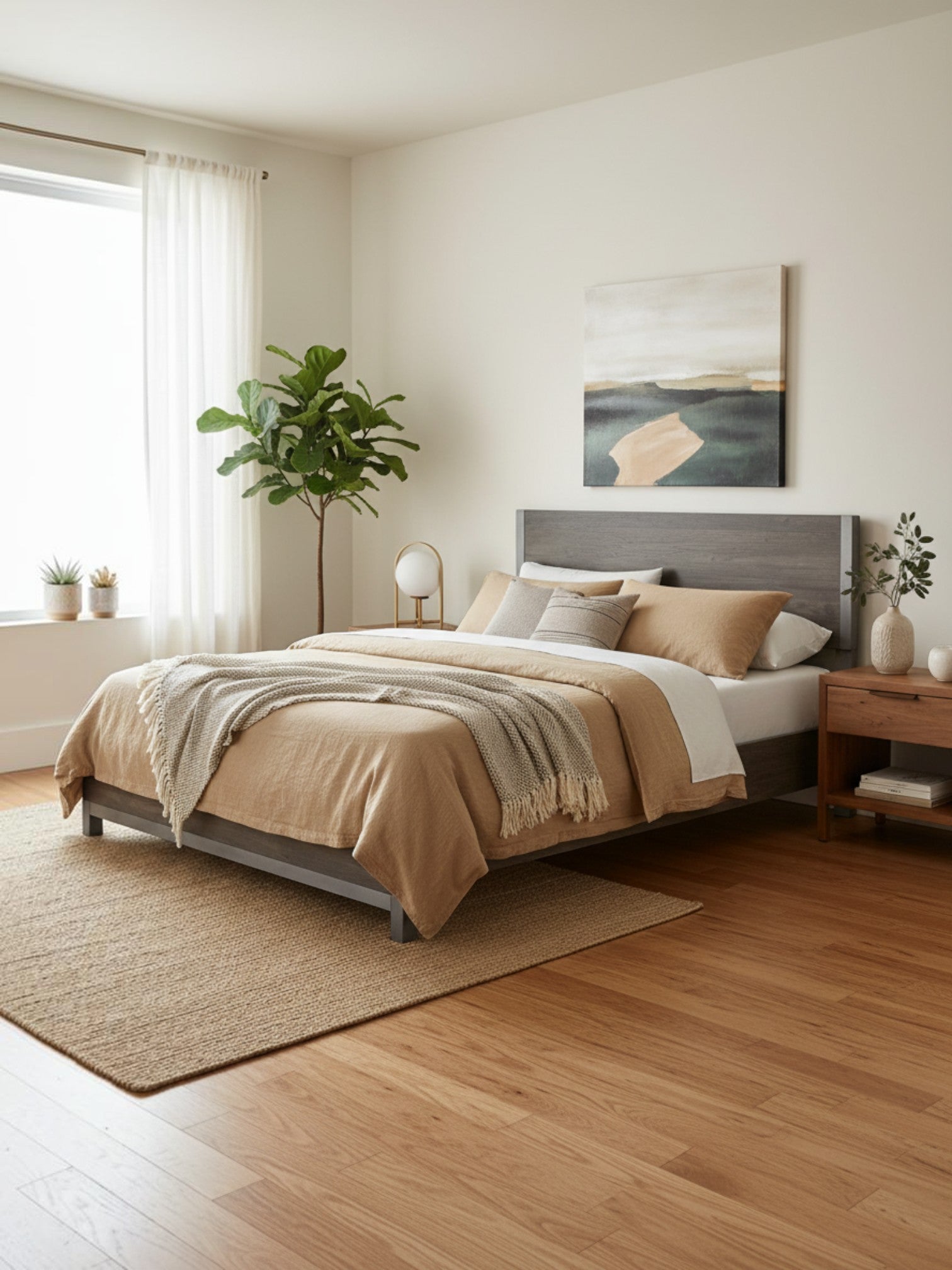 Lit double Stella TOCO Meubles gris imitation bois avec détails en métal peint dans une chambre contemporaine