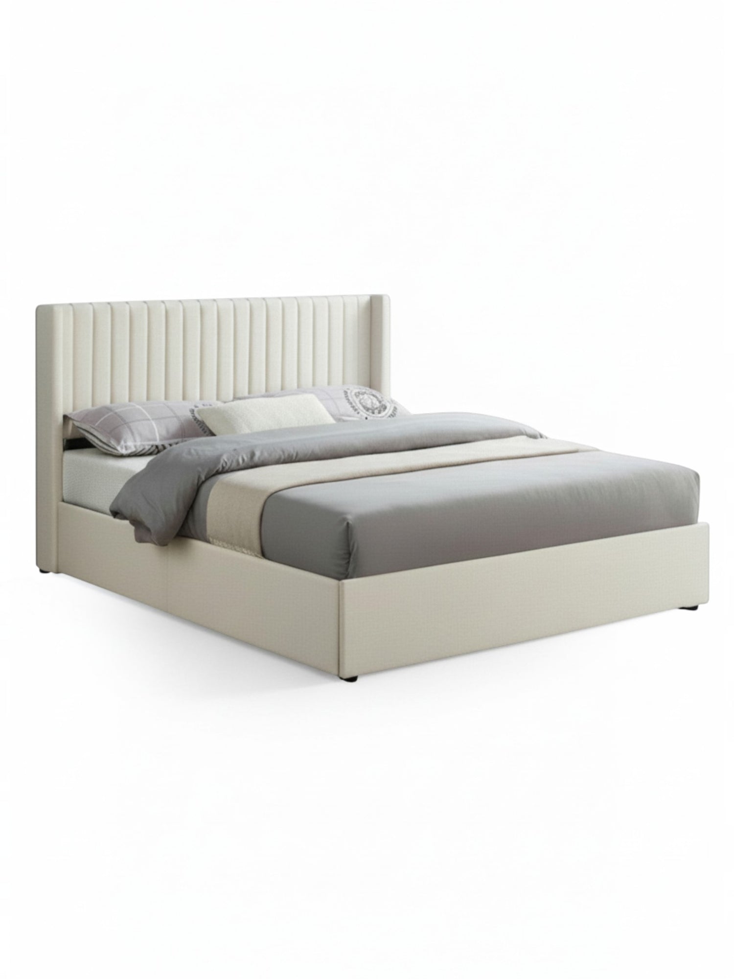 Lit double Lucia TOCO Meubles en velours crème avec tête de lit ailée capitonnée et espace de rangement intégré