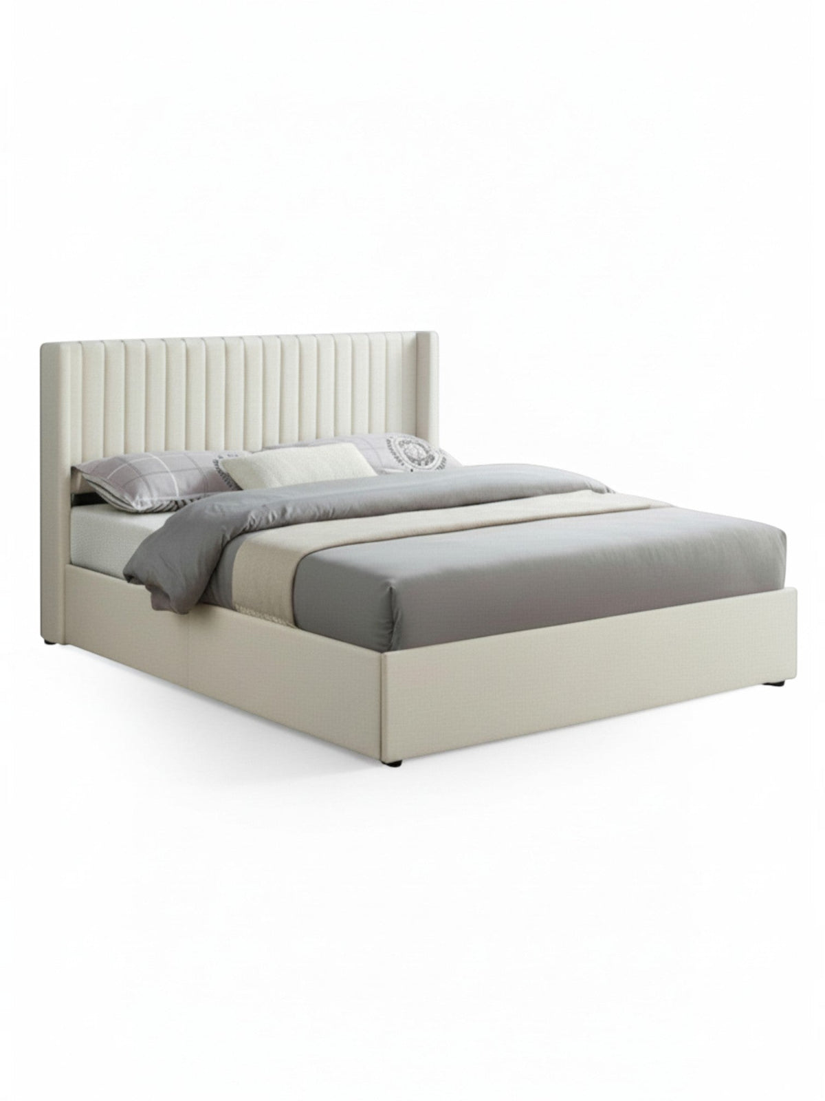 Lit double Lucia TOCO Meubles en velours crème avec tête de lit ailée capitonnée et espace de rangement intégré