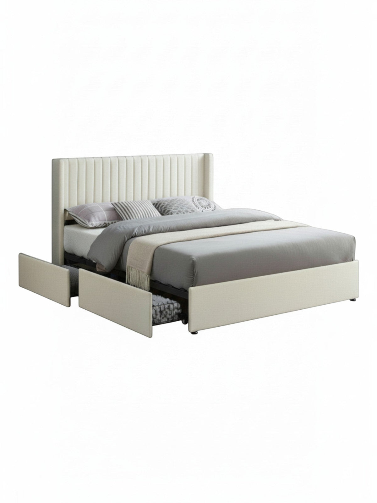 Lit double Lucia TOCO Meubles en velours crème avec tête de lit ailée et tiroirs de rangement intégrés