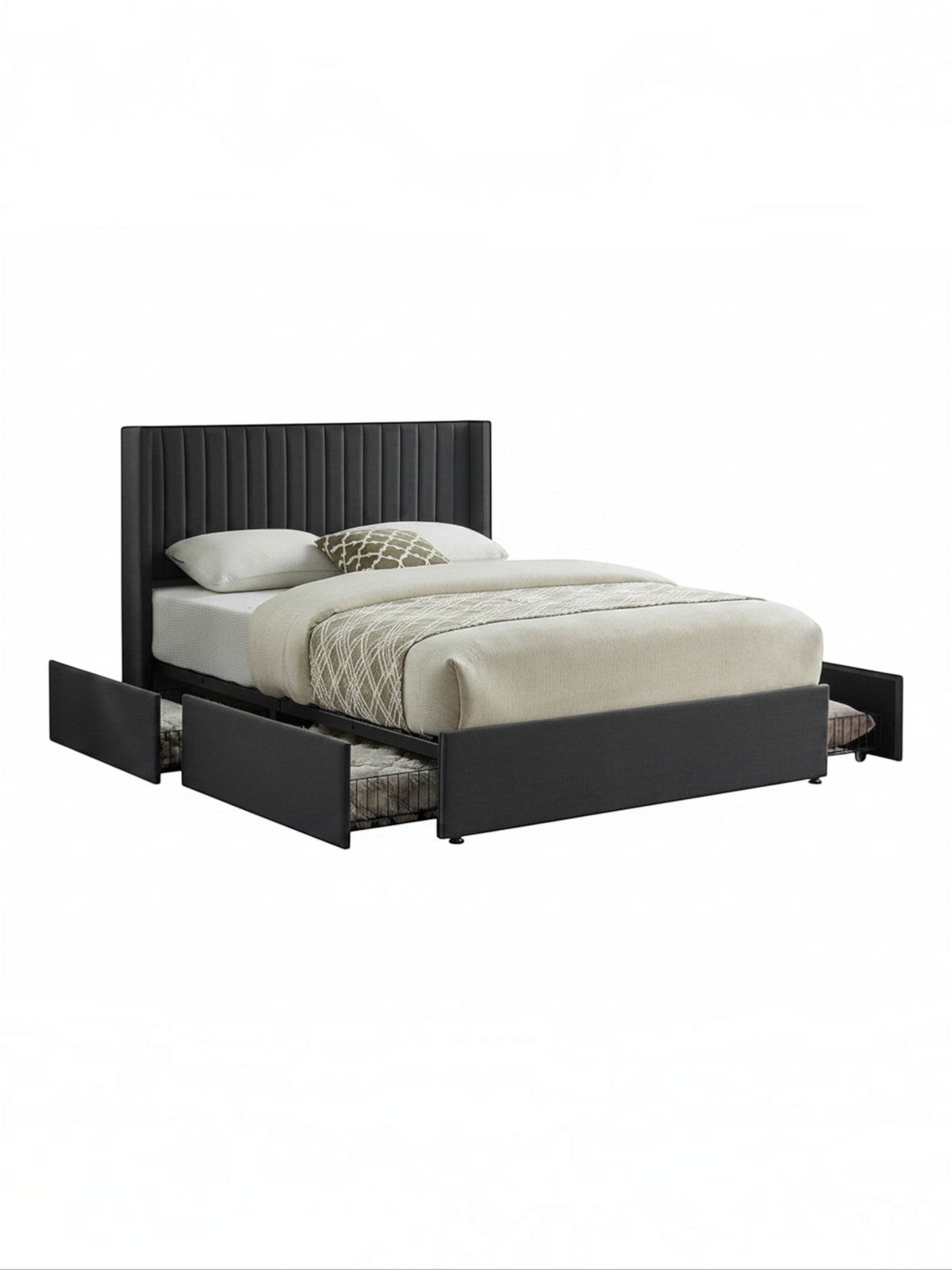 Lit double Elena TOCO Meubles en velours gris avec tête de lit ailée et tiroirs de rangement intégrés