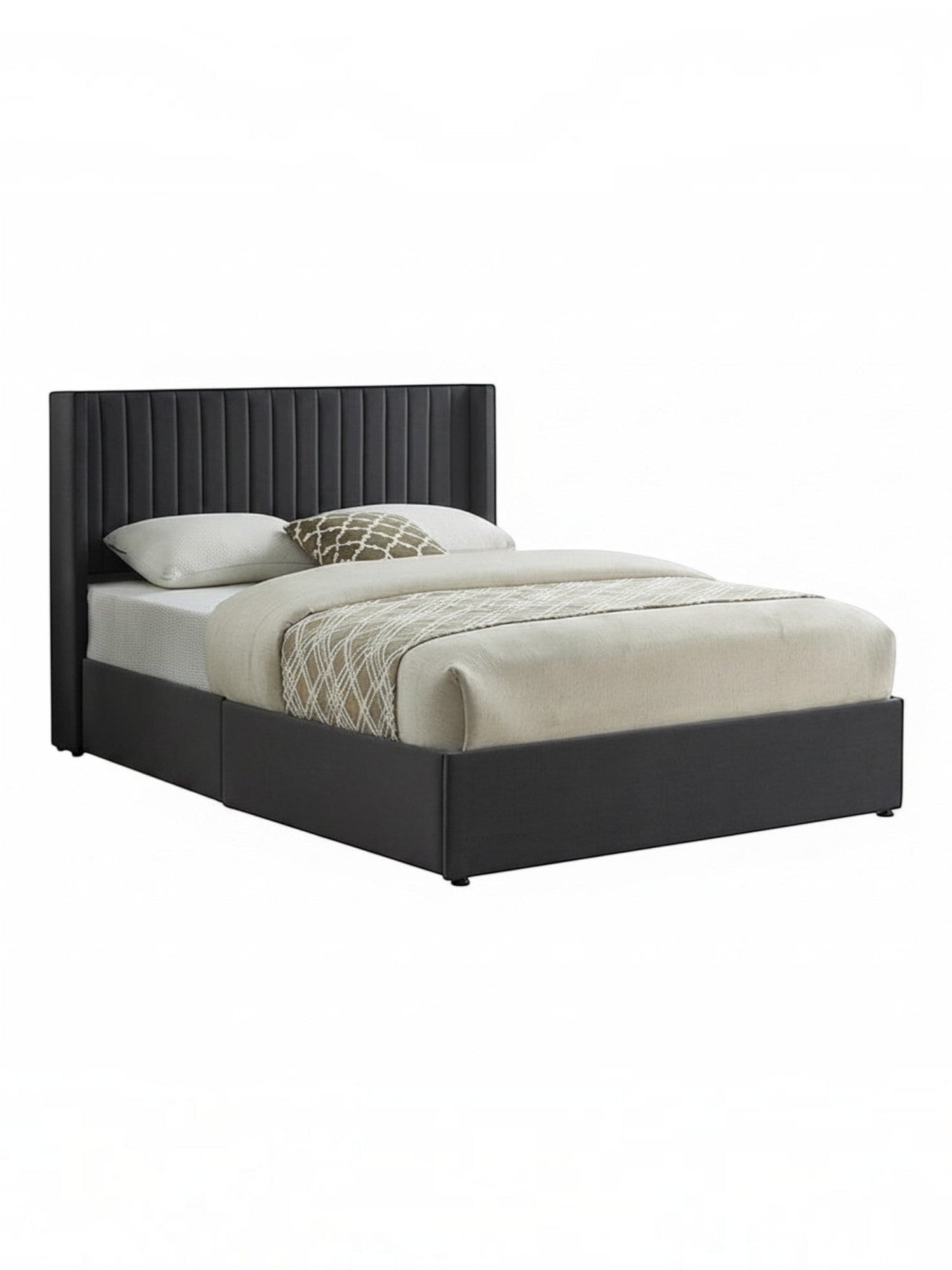 Lit double Elena TOCO Meubles en velours gris avec tête de lit ailée capitonnée et espace de rangement intégré