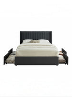Lit double Elena TOCO Meubles en velours gris avec tête de lit ailée et tiroirs de rangement intégrés