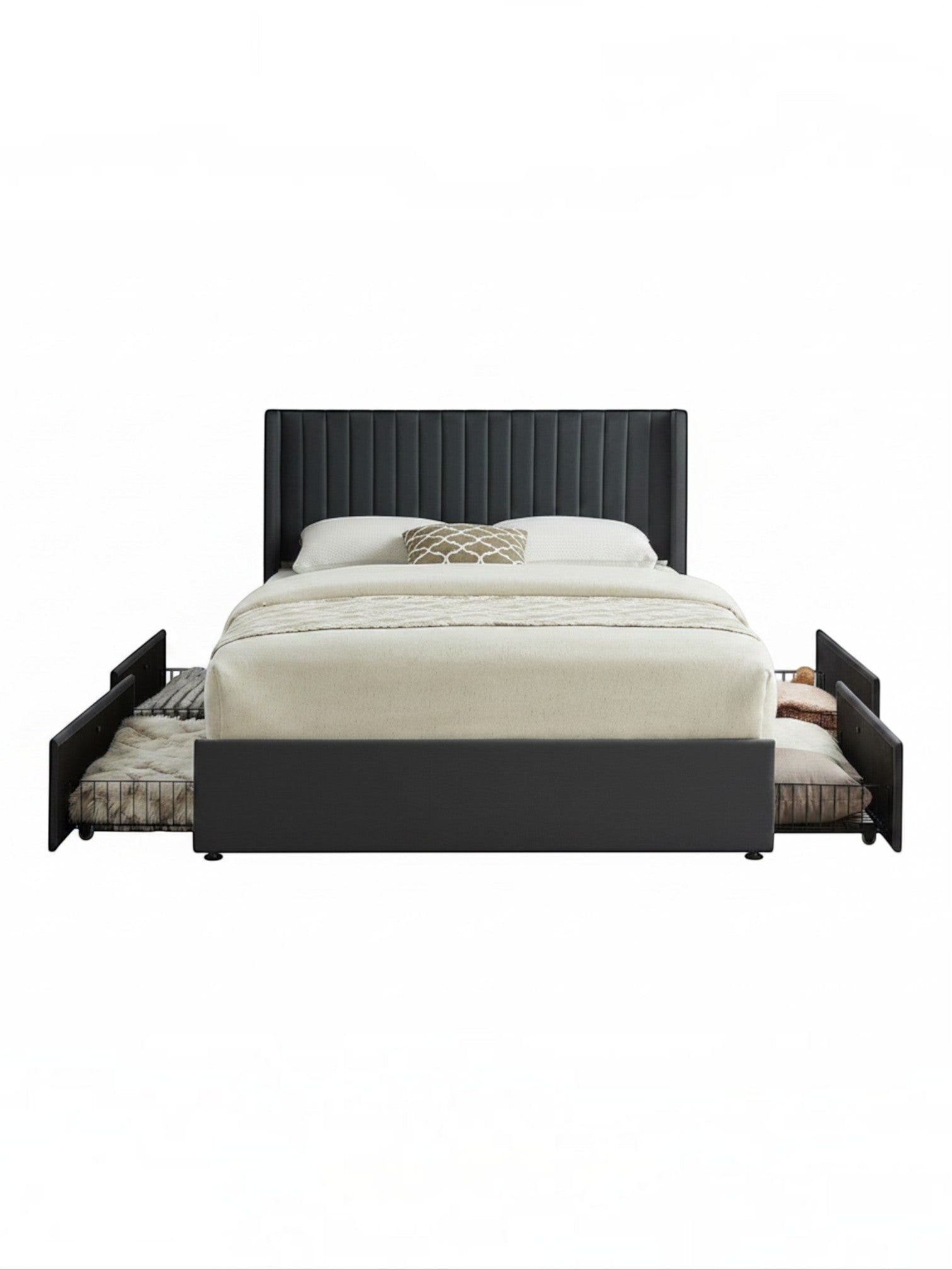 Lit double Elena TOCO Meubles en velours gris avec tête de lit ailée et tiroirs de rangement intégrés