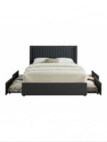 Lit double Elena TOCO Meubles en velours gris avec tête de lit ailée et tiroirs de rangement intégrés