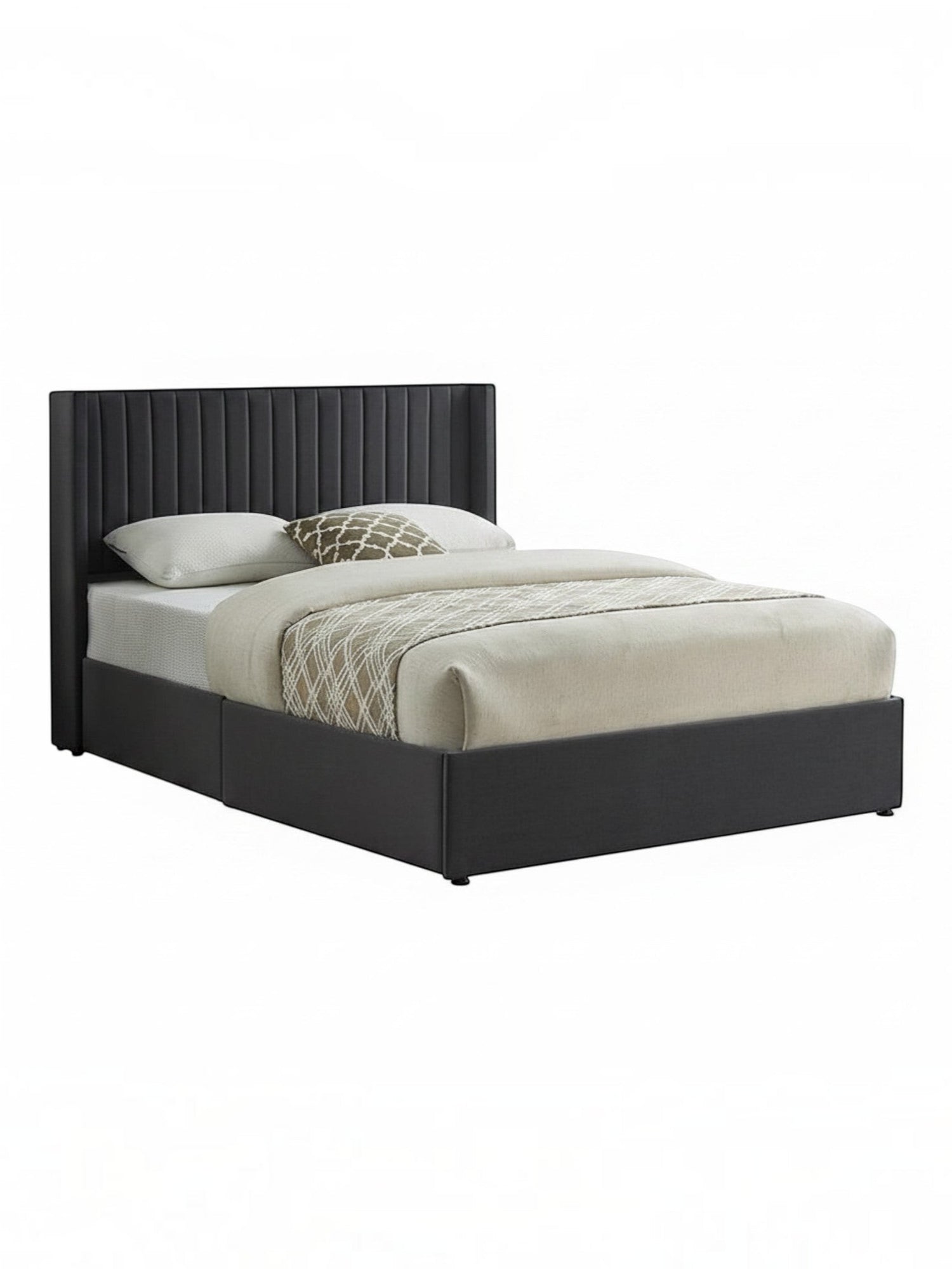 Lit double Elena TOCO Meubles en velours gris avec tête de lit ailée capitonnée et espace de rangement intégré