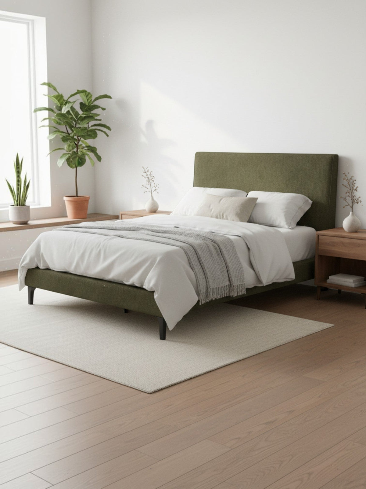 Lit double TOCO Meubles Alma rembourré en tissu vert sauge avec tête de lit élégante dans une chambre moderne