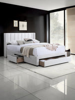 TOCO Meubles Lit double Zoey blanc capitonné avec rangement intégré, tissu doux et confortable.