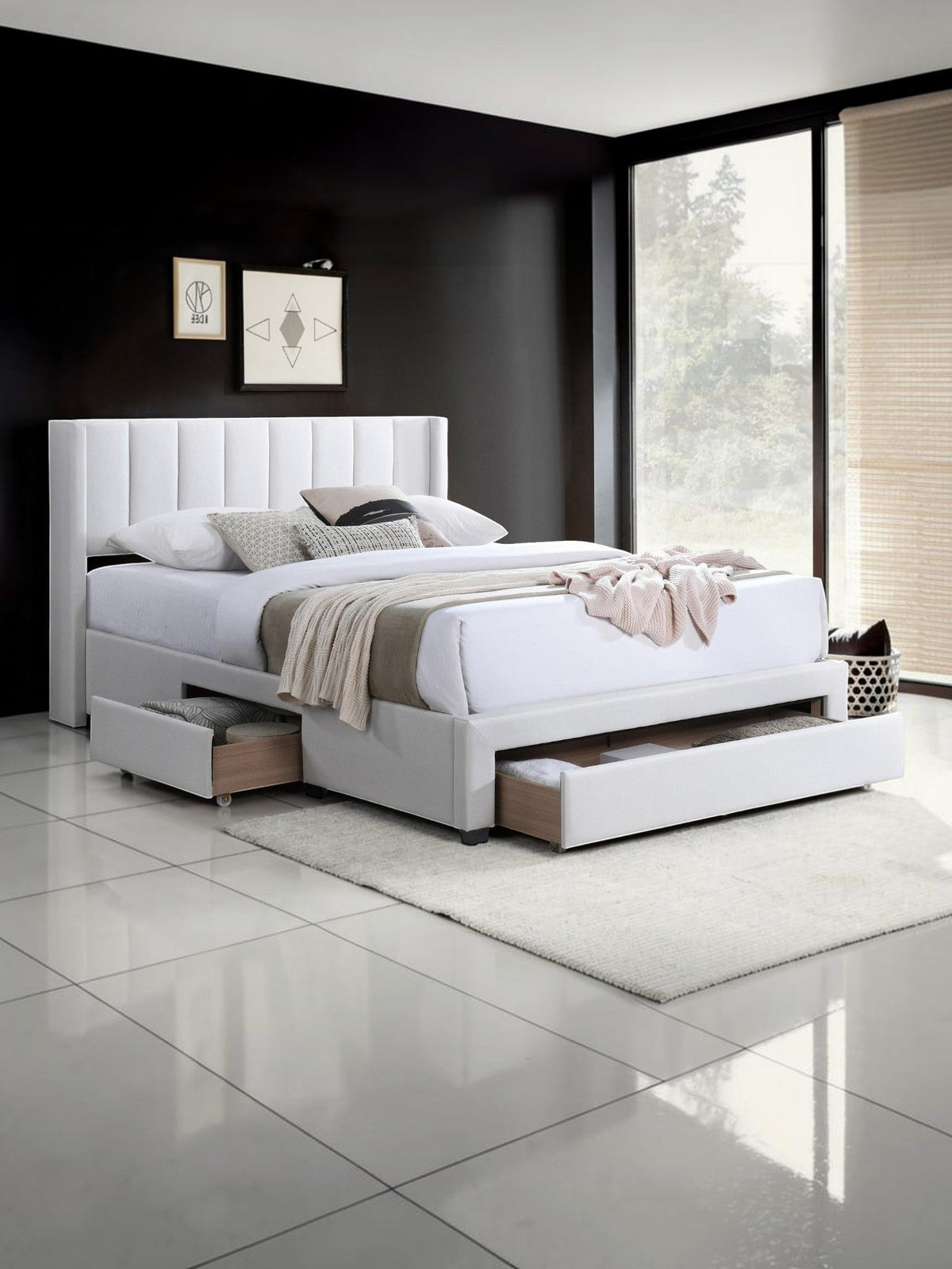 TOCO Meubles Lit double Zoey blanc capitonné avec rangement intégré, tissu doux et confortable.