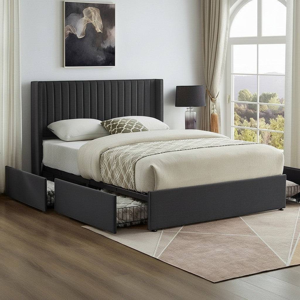 Grand lit Elena TOCO Meubles en velours gris avec tête de lit capitonnée et rangements intégrés.