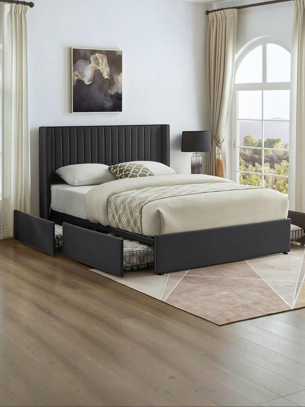 Grand lit Elena TOCO Meubles en velours gris avec tête de lit capitonnée et rangements intégrés.