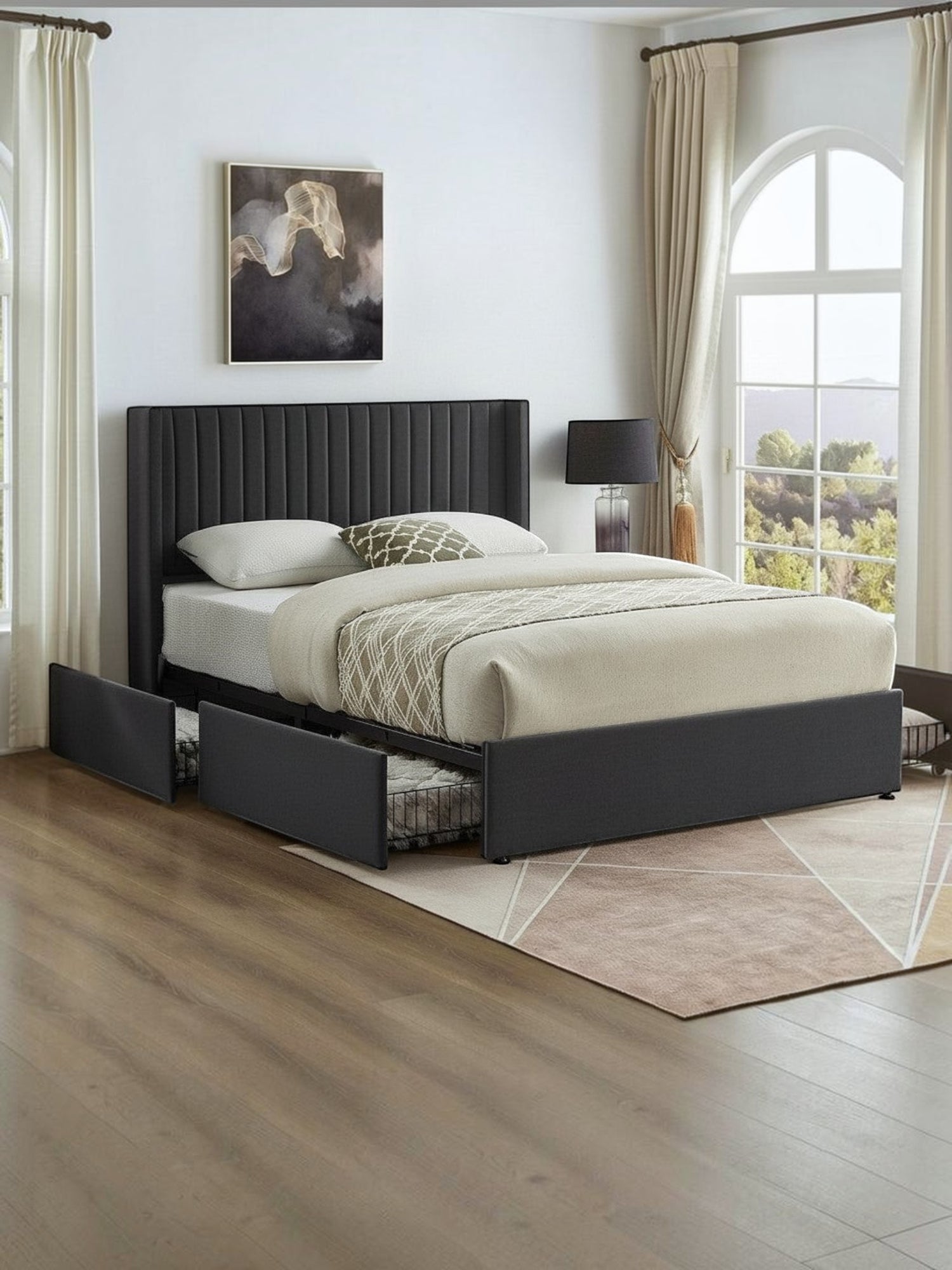 Grand lit Elena TOCO Meubles en velours gris avec tête de lit capitonnée et rangements intégrés.