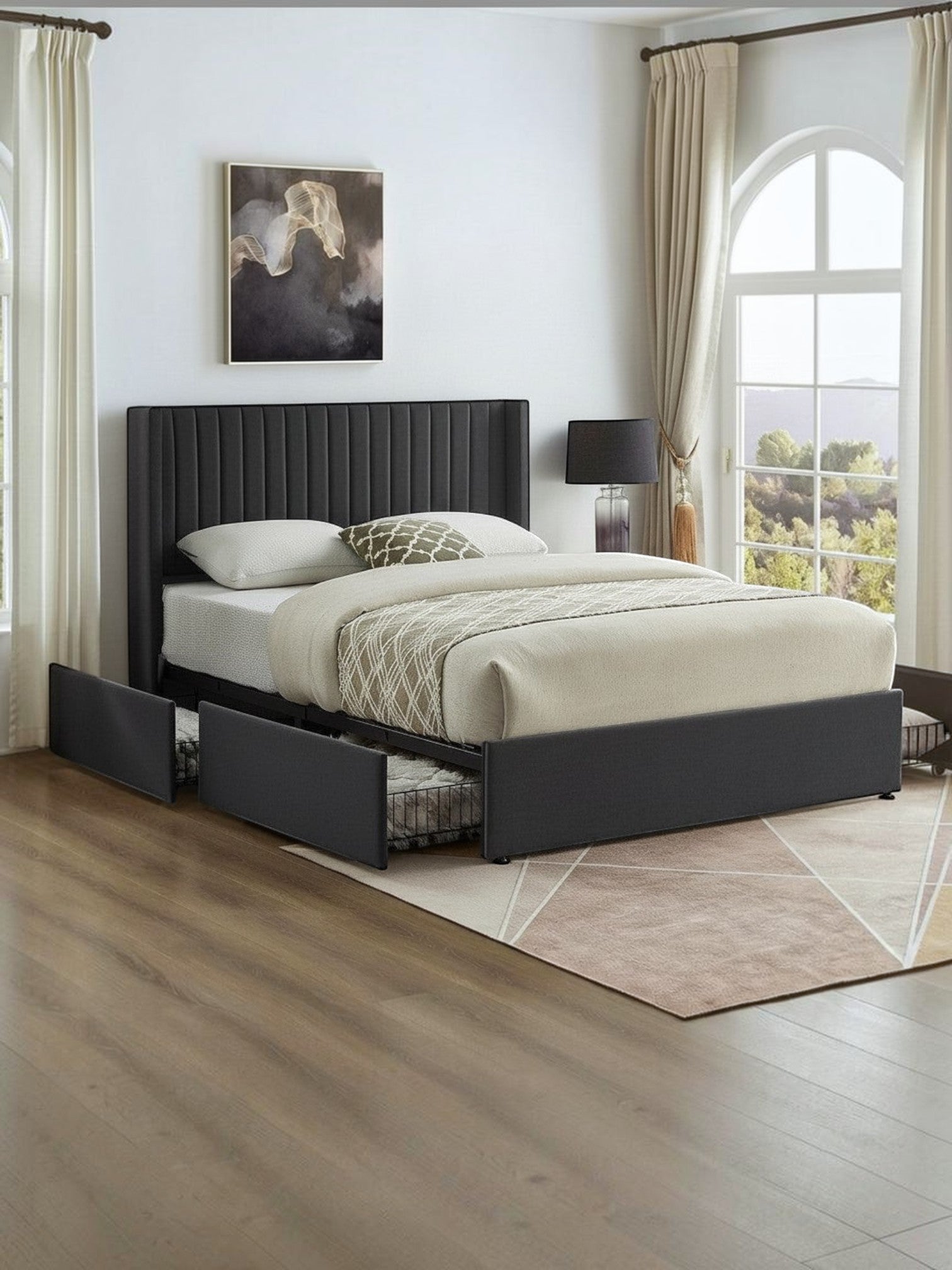 Grand lit Elena TOCO Meubles en velours gris avec tête de lit capitonnée et rangements intégrés.