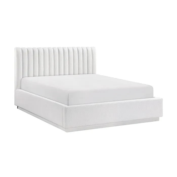 TOCO Meubles Lit King Emilio blanc capitonné en tissu texturé, design plateforme moderne.
