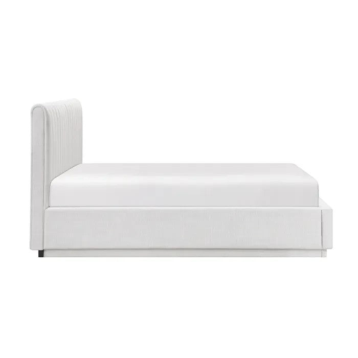 TOCO Meubles Lit Emilio King blanc capitonné verticalement, design plateforme moderne en tissu texturé.