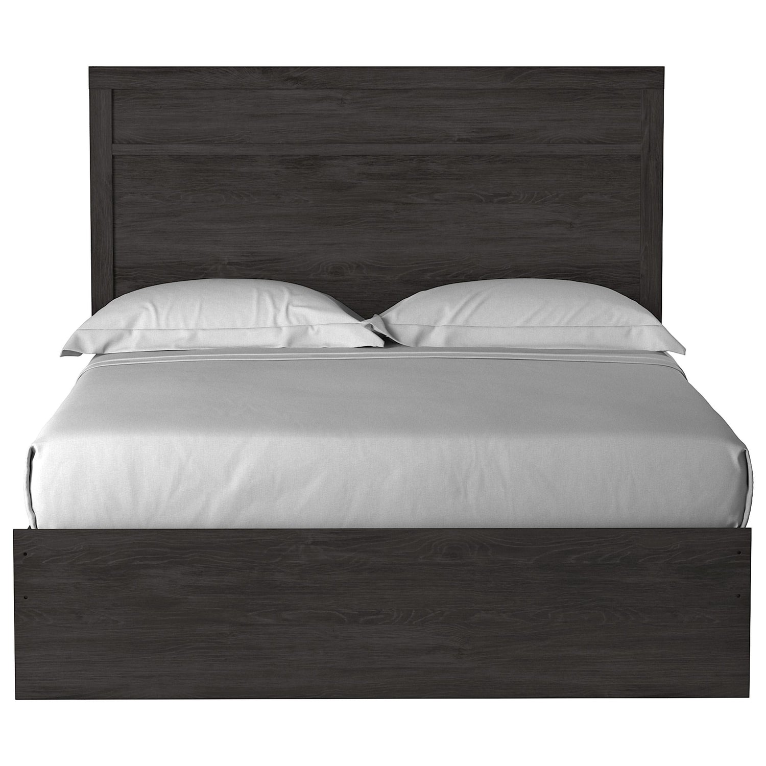 Grand lit Estelle anthracite avec tête de lit moulurée, finition grain de chêne, par TOCO Meubles.