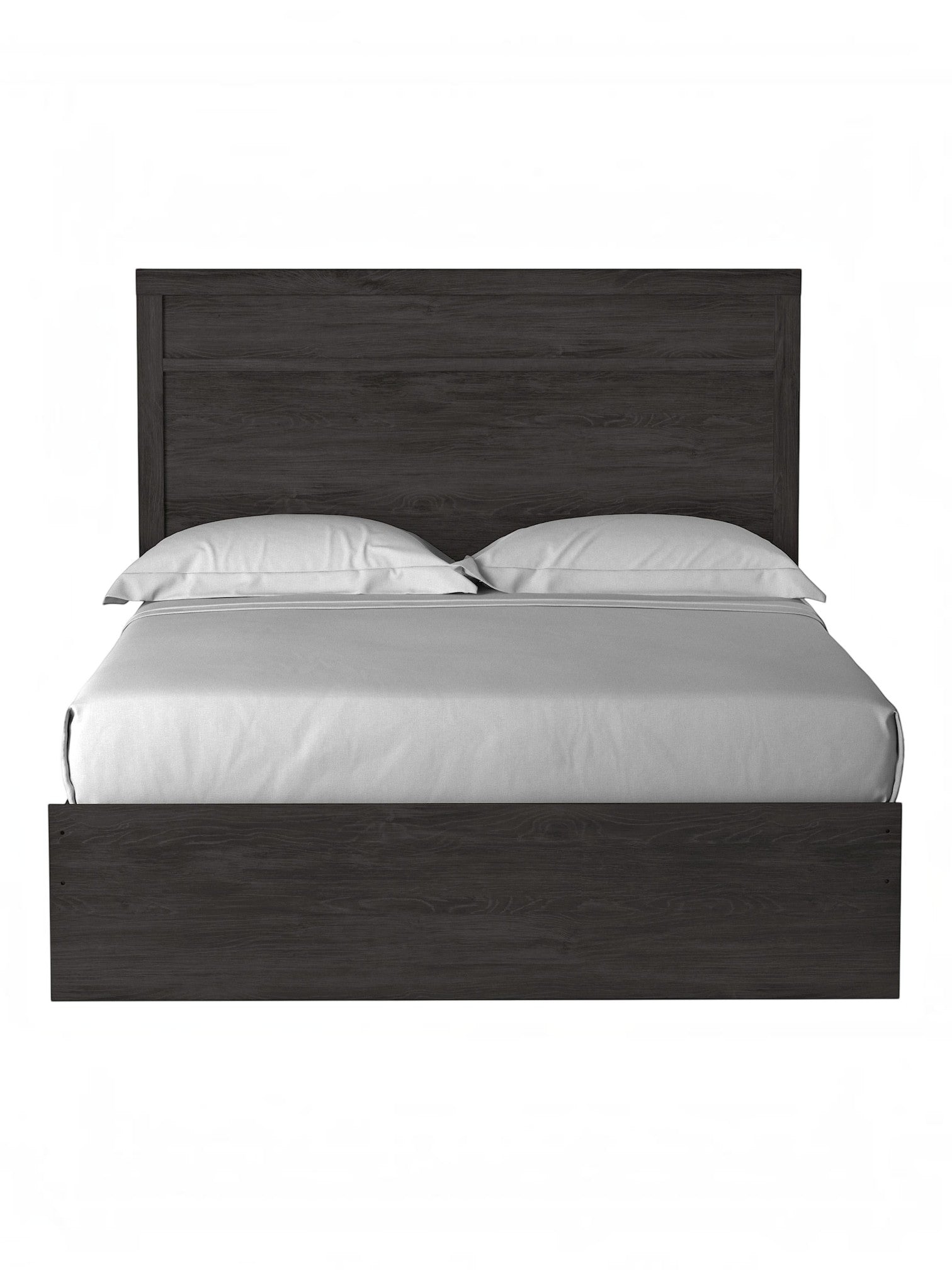 Grand lit Estelle anthracite avec tête de lit moulurée, finition grain de chêne, par TOCO Meubles.