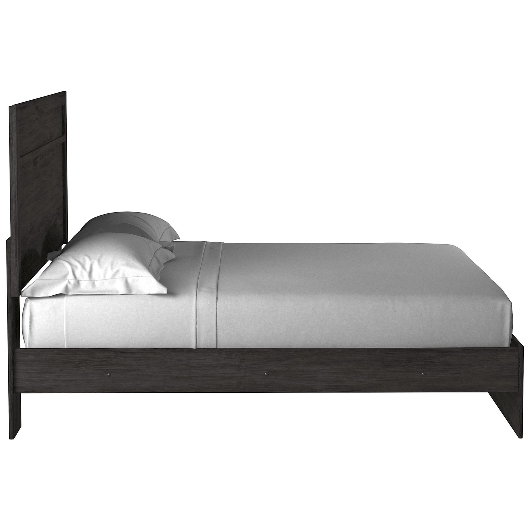 TOCO Meubles Lit Estelle anthracite grain de chêne, tête de lit moderne avec moulure style planche, 2 oreillers blancs.