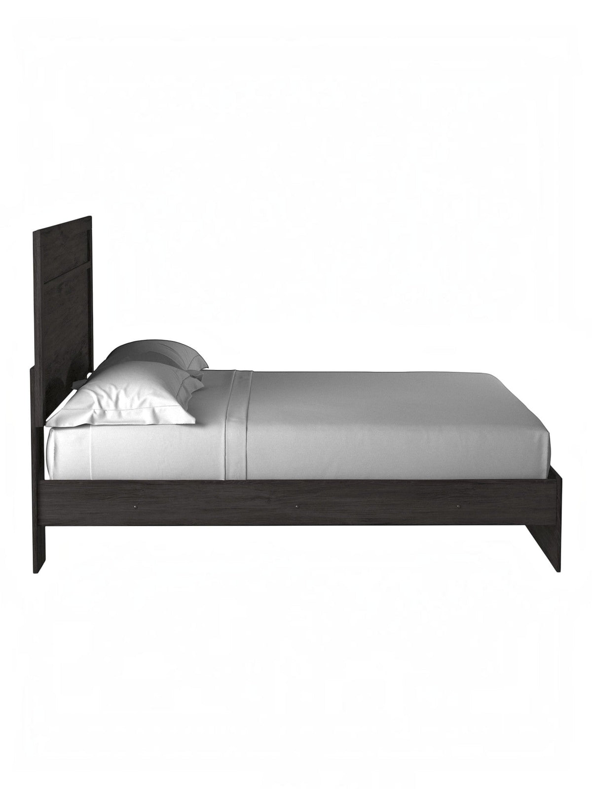 Très grand lit TOCO Meubles Estelle en bois anthracite avec tête de lit à moulure, vue de profil
