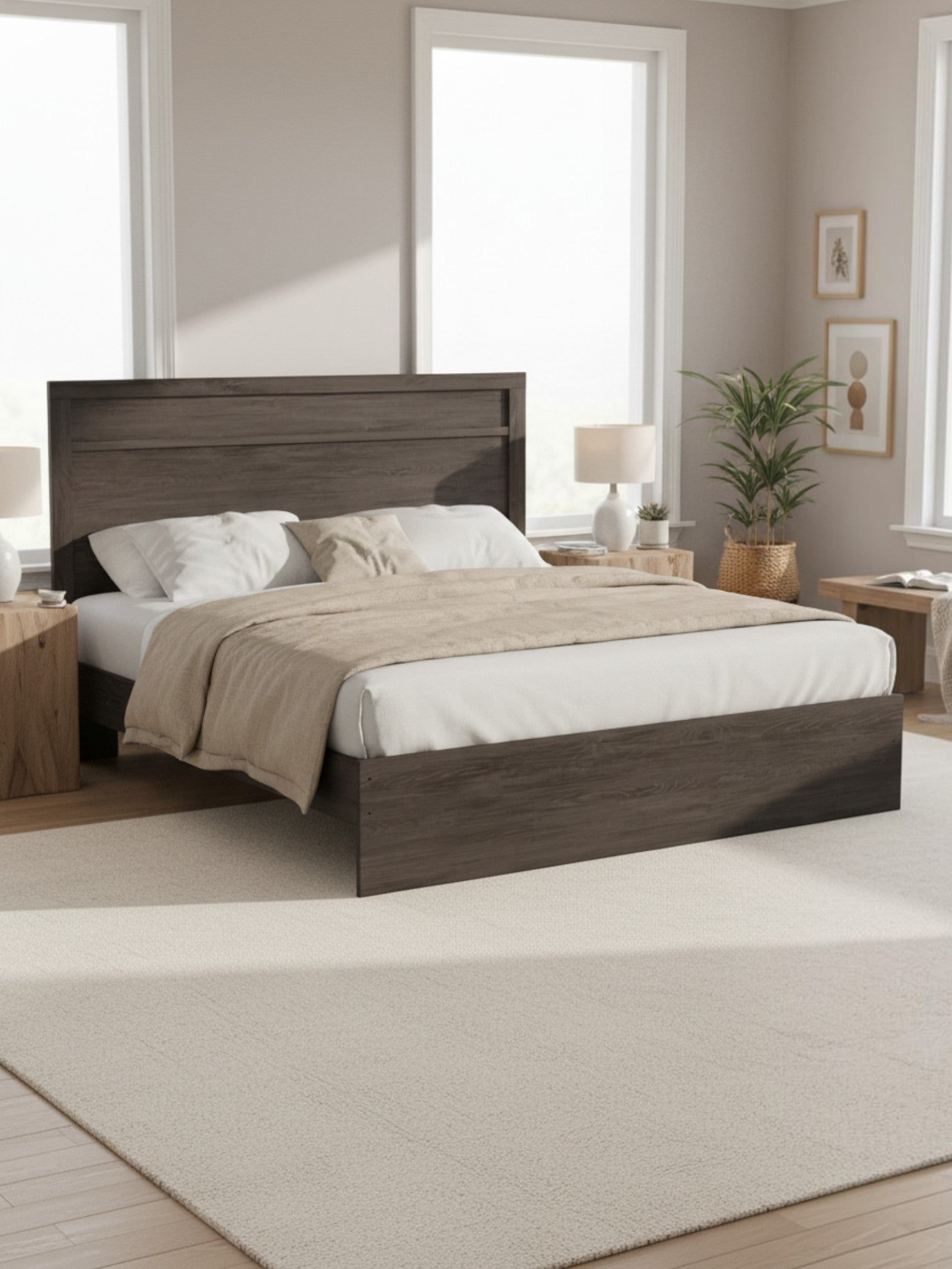 Très grand lit TOCO Meubles Estelle en bois anthracite avec tête de lit à moulure moderne dans une chambre épurée.
